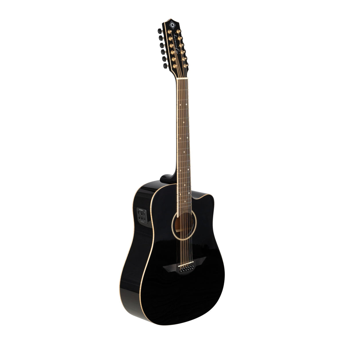 H. Jimenez LGD1-CEBK Guitarra Doble 12-String Cutaway Acoustic Electric Guitar - Black, angled front view of the body