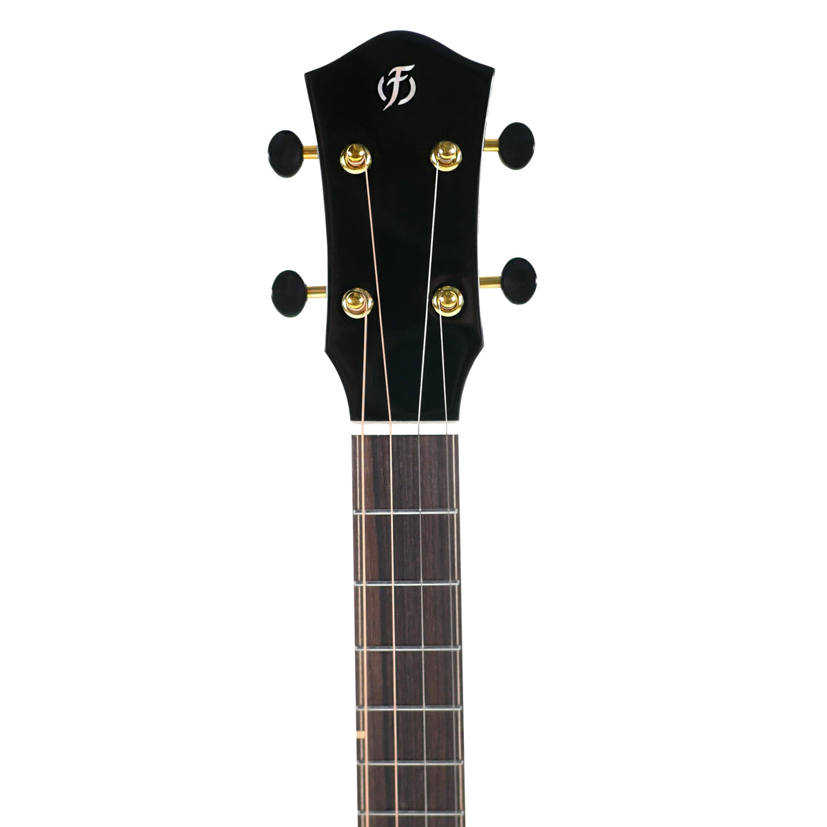 The headstock close-up highlights the black faceplate and custom gold tuners on the Flight Lily Baritone.