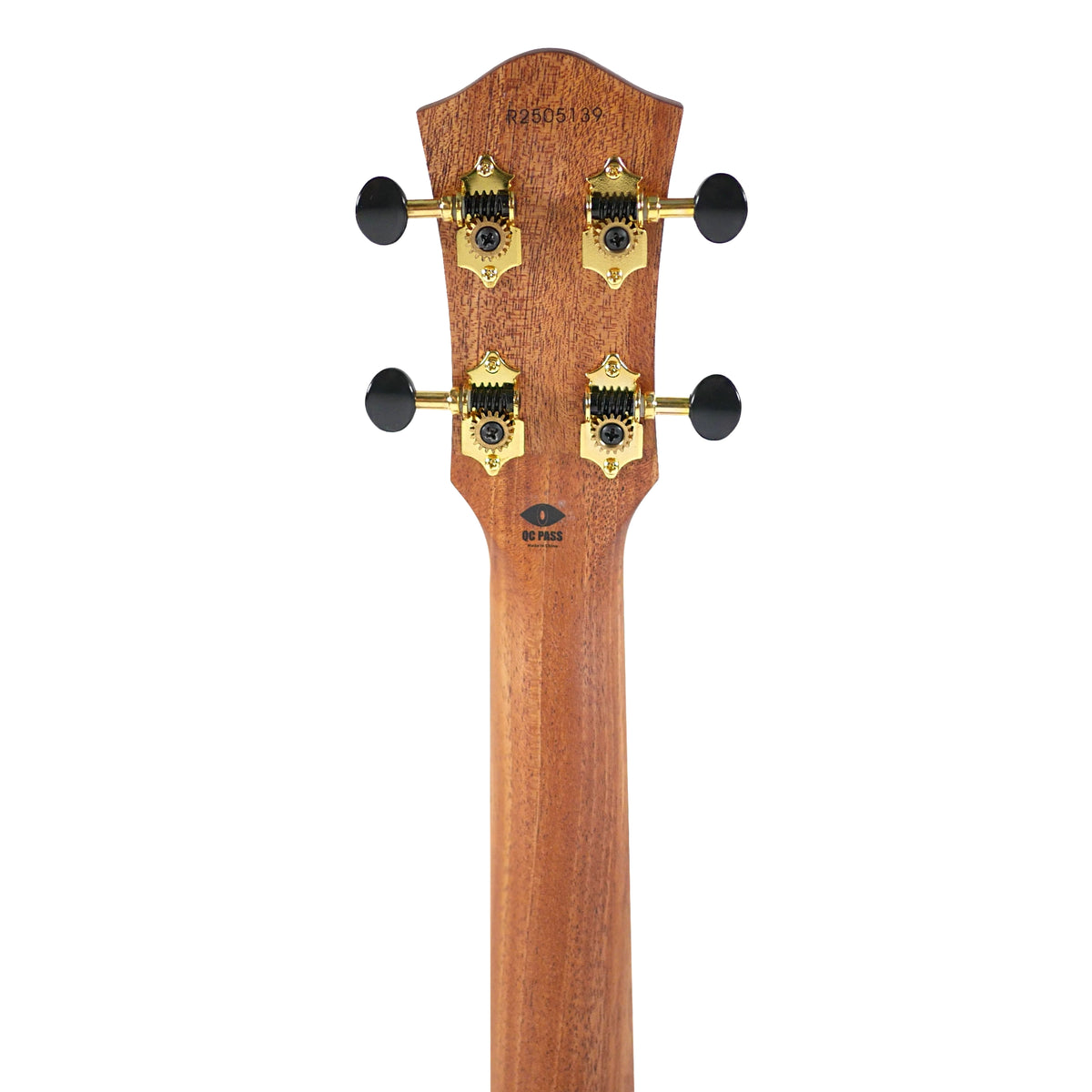 The rear headstock view highlights the natural wood grain and custom gold tuners of the Flight Lily Baritone.