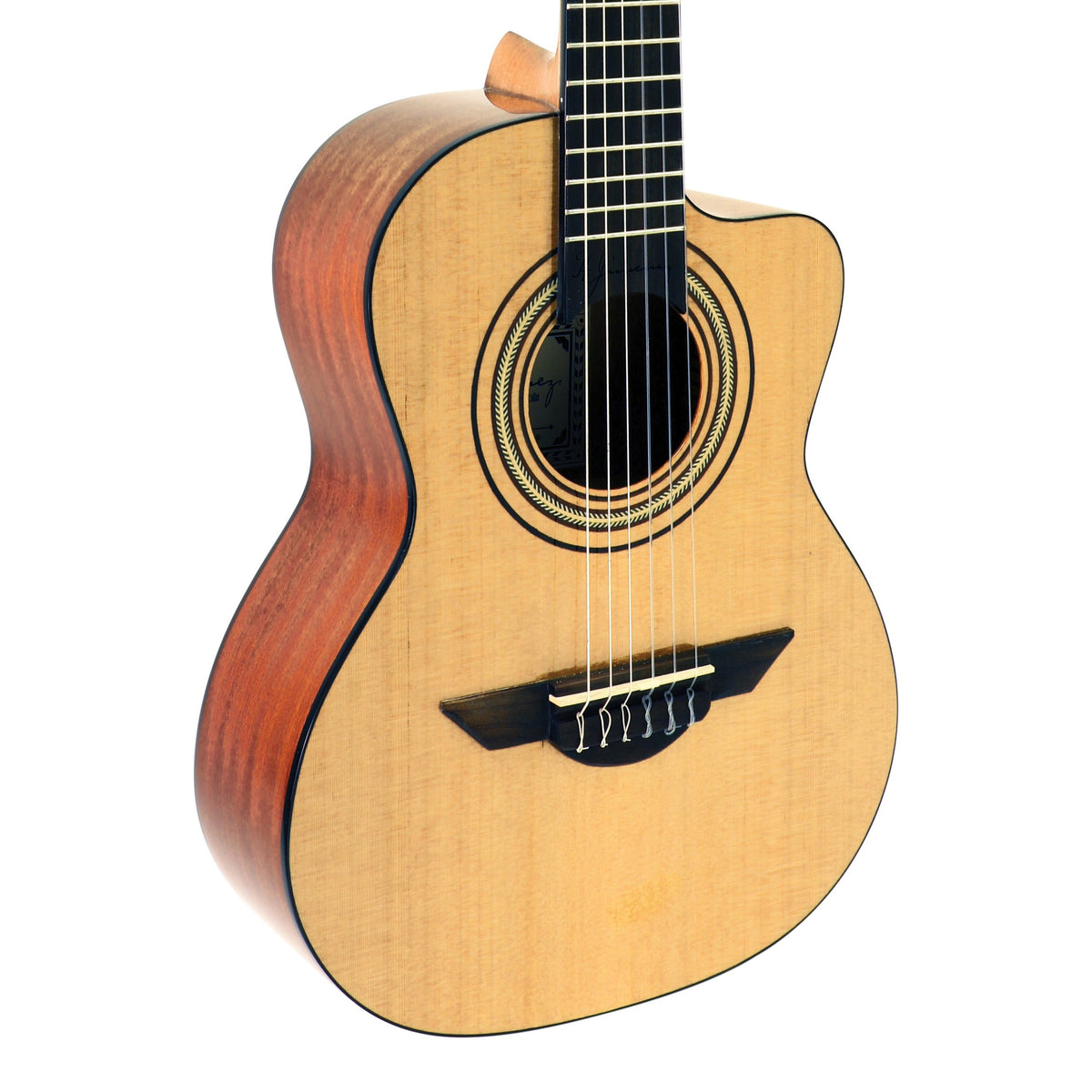 H. Jimenez LR1C Voz de Trío Cutaway Requinto, front of the body with the lower fretboard