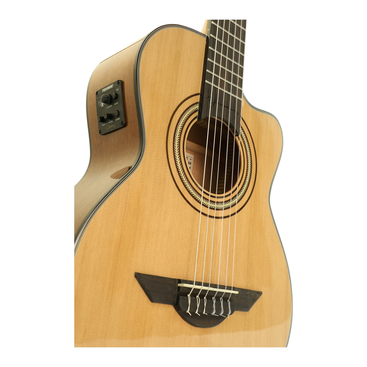 H. Jimenez LR2CE Voz de Trío Cutaway Acoustic Electric Requinto, close-up of the top, soundhole and cutaway