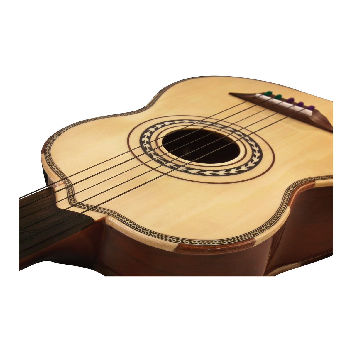 H. Jimenez LV2 Quetzal Student Vihuela, close-up of the top, soundhole and cutaway