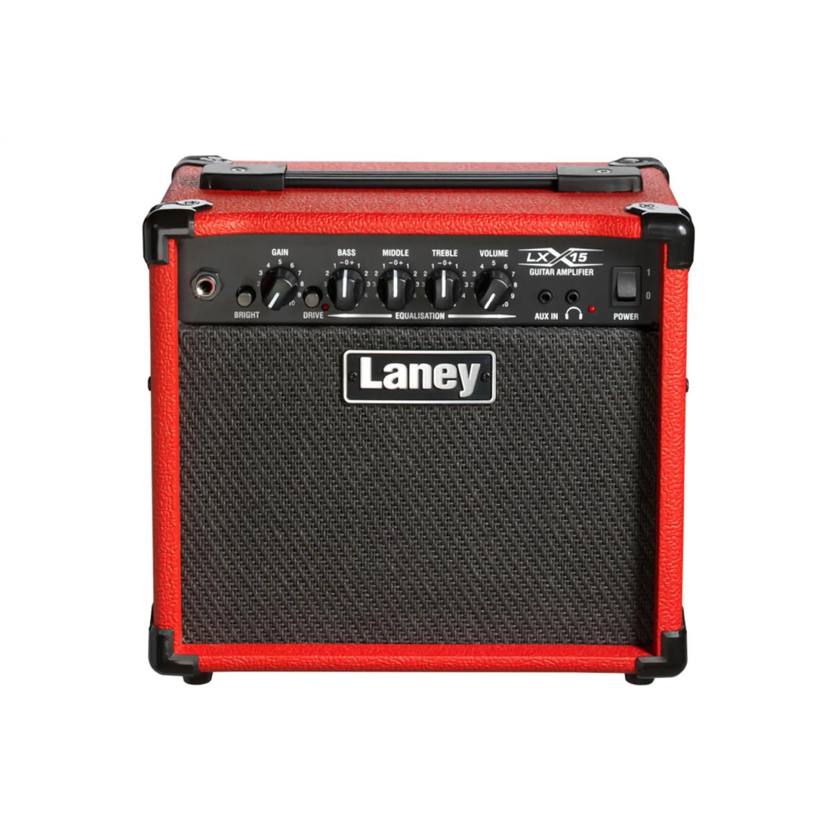 Laney LX15 red 15W electric guitar combo amp, front with Laney badge