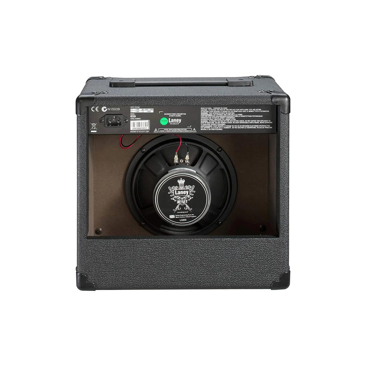 Laney LX20R black 20W combo amp, back showing the speaker