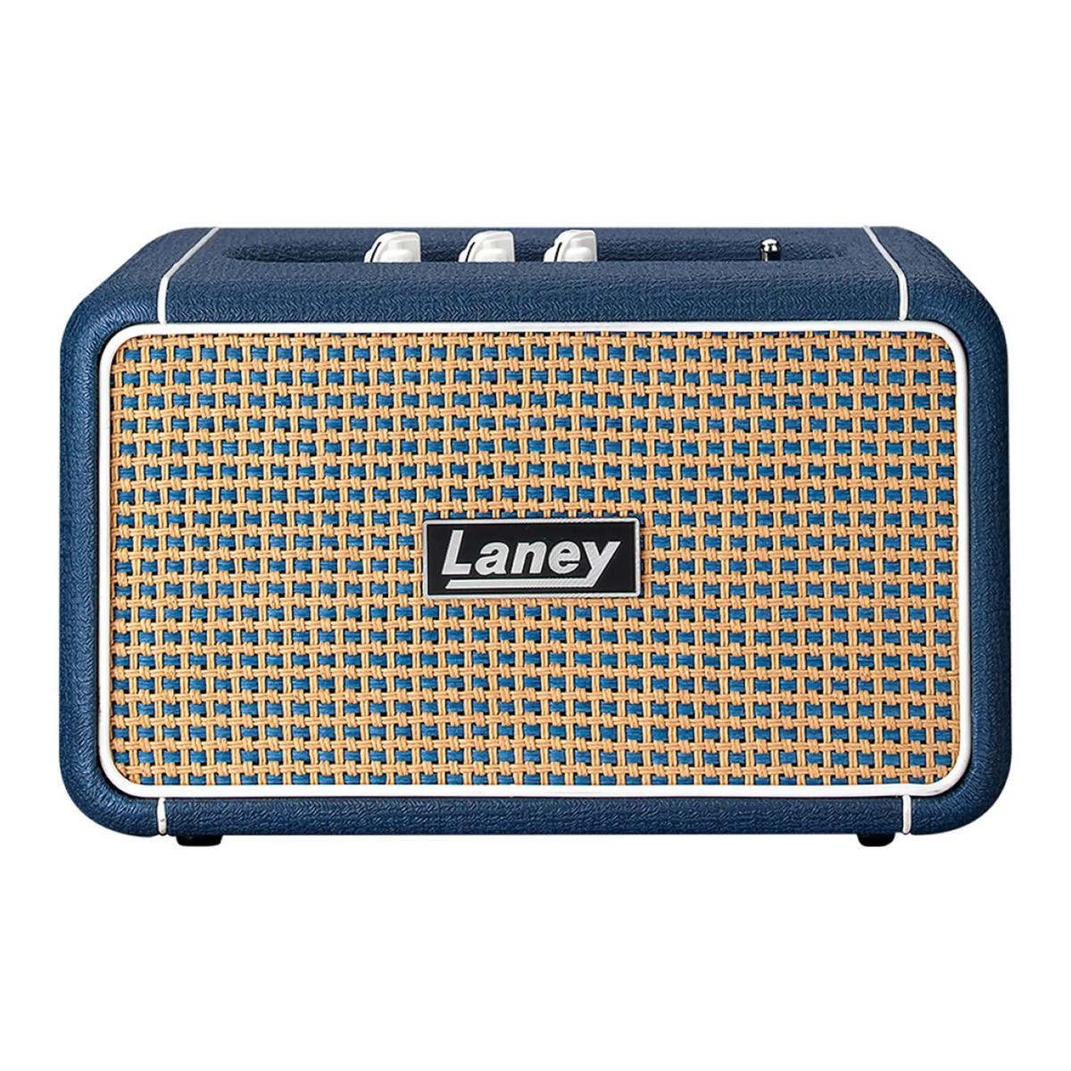 Laney F67 Lionheart portable Bluetooth speaker front with blue vinyl cabinet, tan and blue grille and Laney badge
