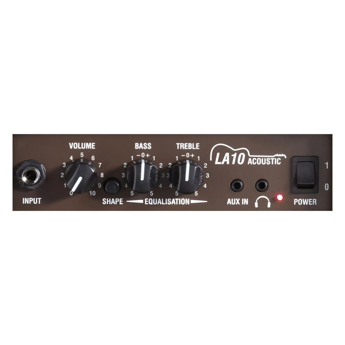 Laney LA10 acoustic combo amp, close view of volume, bass and treble controls