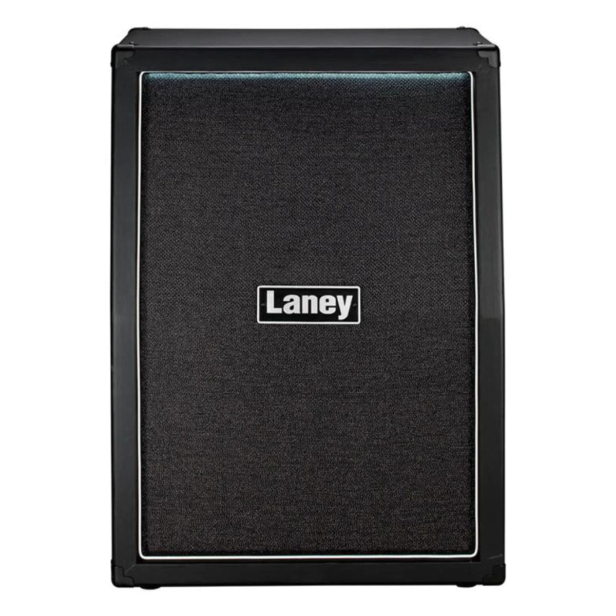 Laney LFR-212 powered cabinet front view, black vertical 2 x 12 enclosure with Laney logo