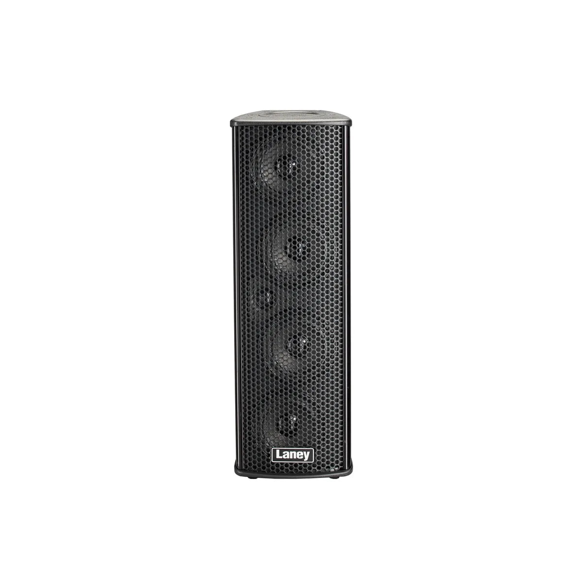 Laney AH4X4 Audiohub portable PA speaker, front view of the tall black tower with four 4-inch woofers