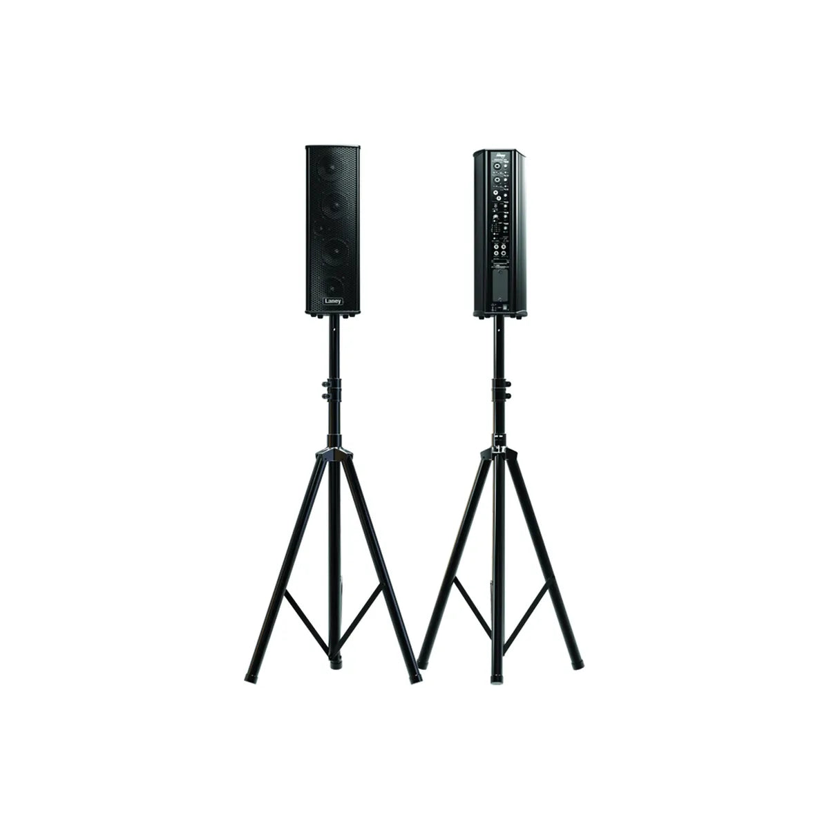 Pair of Laney AH4X4 speakers mounted on tripod speaker stands