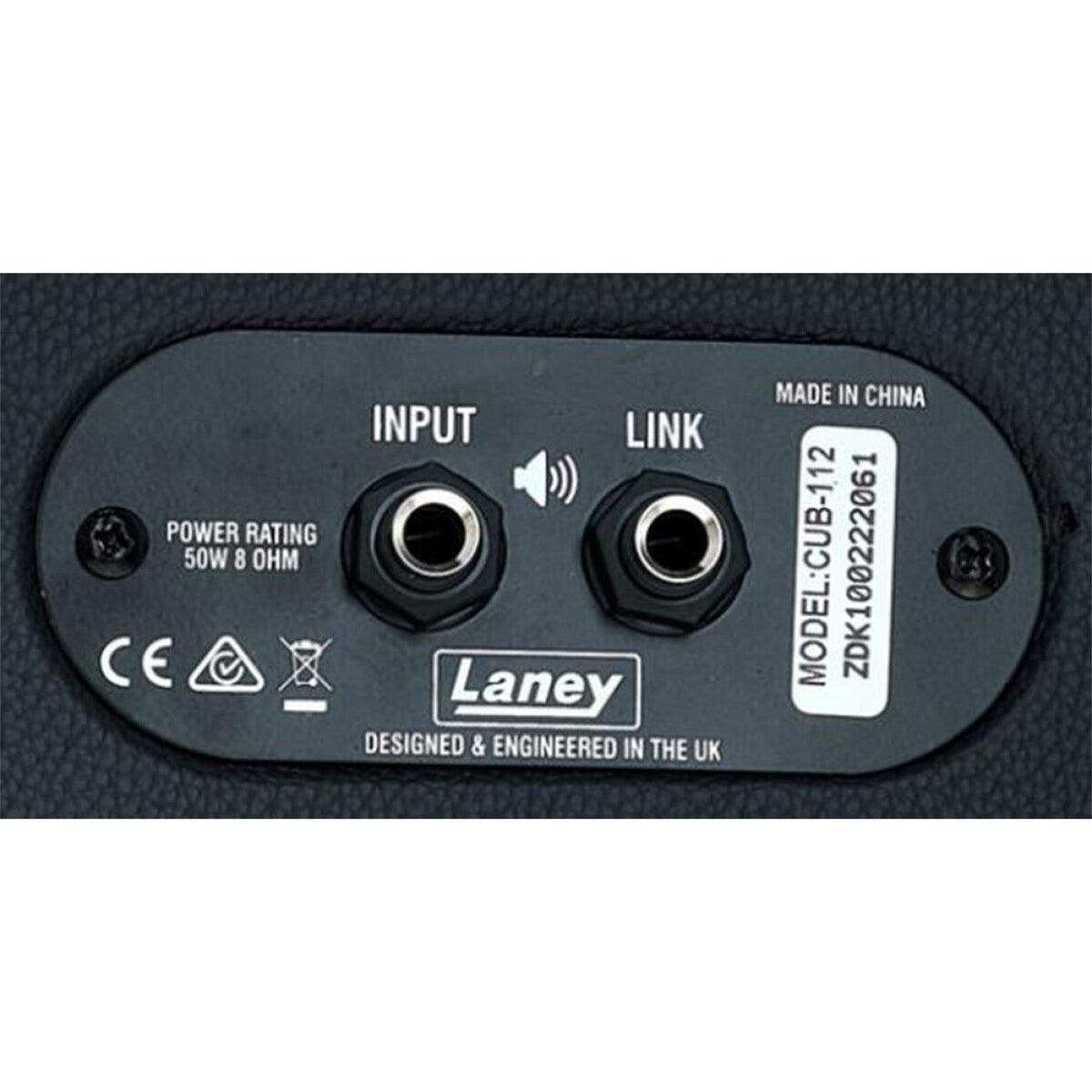 Close-up of the Laney CUB-112 rear input panel with input and link jacks, 50W 8 ohm rating