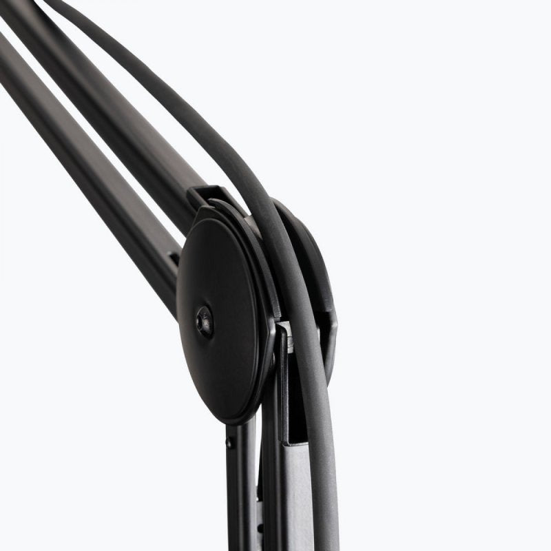 Close-up of the On-Stage MBS7500 hinge with the mic cable routed alongside