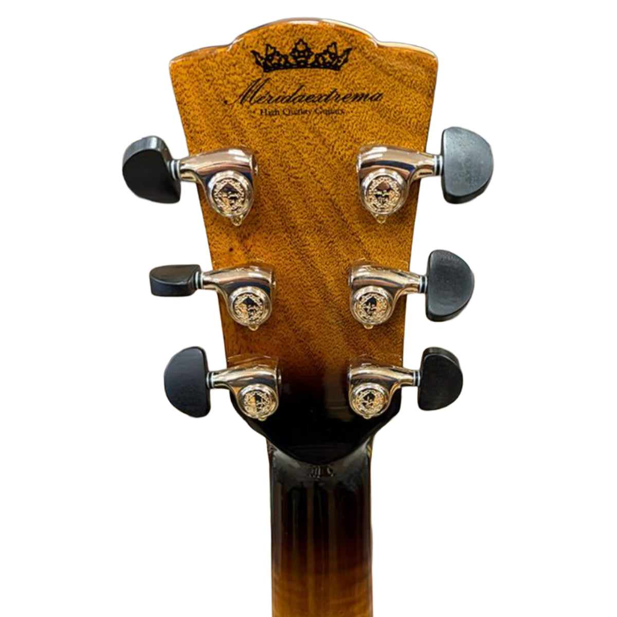 Close-up of the headstock of a Meridian Extreme 16-string acoustic guitar, showing the wood grain finish, tuning pegs, and brand logo on a white background.