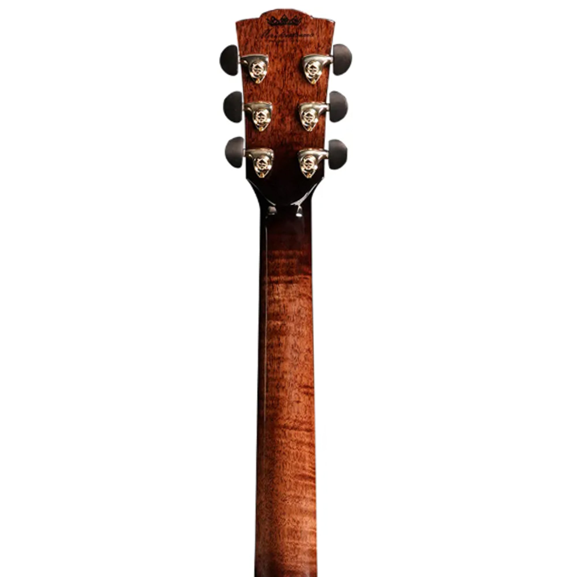 Close-up of the headstock of a wooden acoustic guitar, showing six tuning pegs and a rich wood grain finish, isolated on a white background.