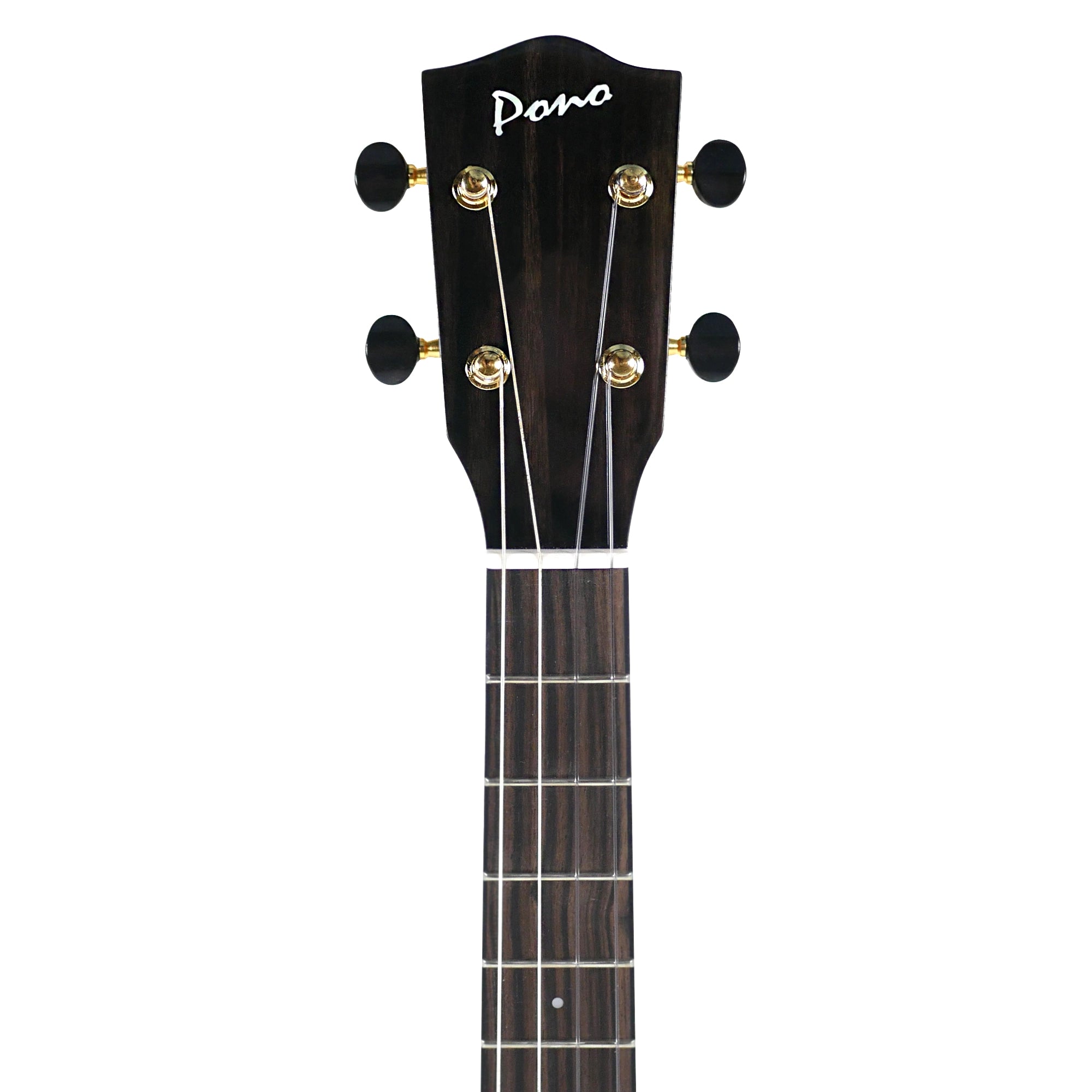 Close-up of a Pono MGBD ukulele headstock and upper neck, showing an ebony wood finish, four tuning pegs, and four strings.