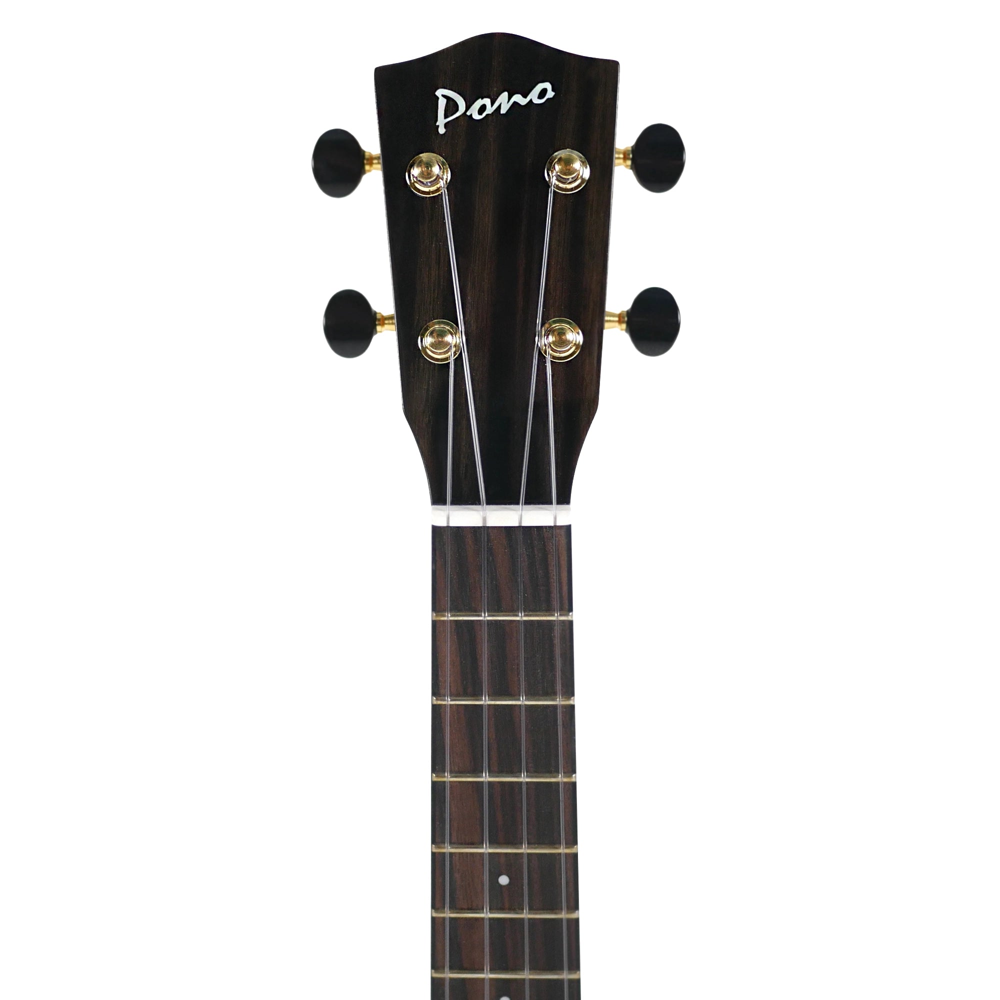 Front headstock view highlights the dark headstock, Micarta Pono logo, bone nut, and Grover tuners.