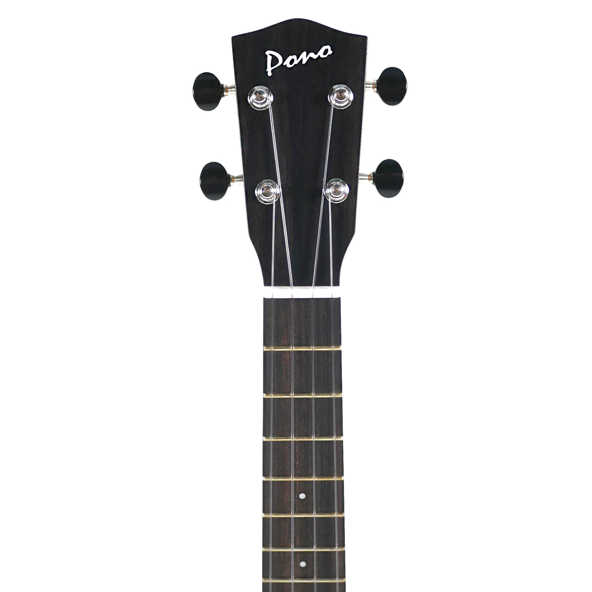 Front headstock view shows the ebony headstock, Pono logo, bone nut, and dark fretboard.