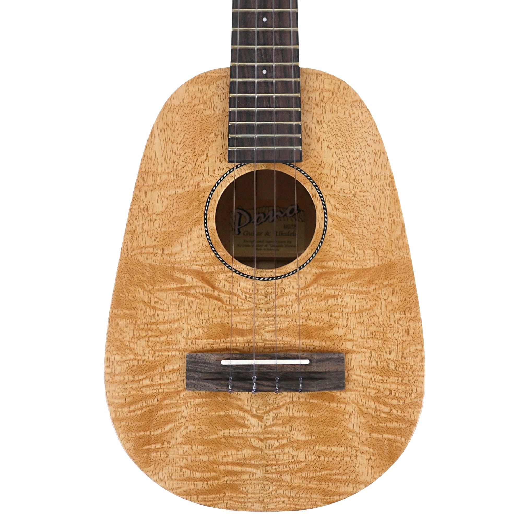 Close-up front view highlights the solid mango top, ebony bridge, bone saddle, and rope marquetry rosette.