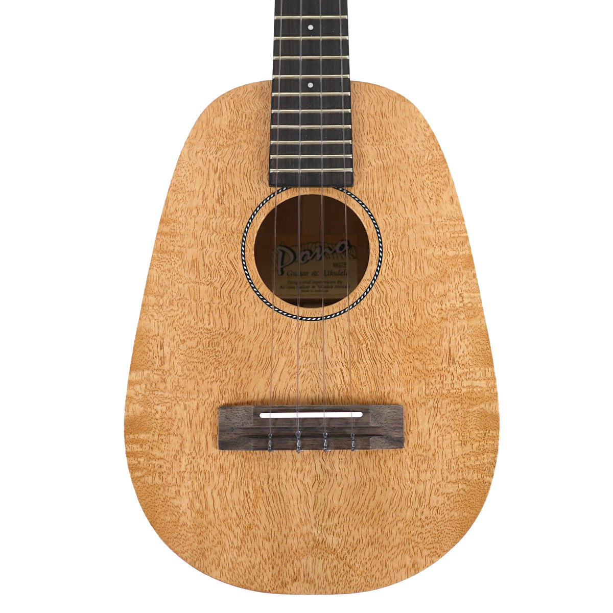The close-up front view highlights the solid mango grain, rope rosette, and ebony bridge of the Pono MGTP Tenor Ukulele.