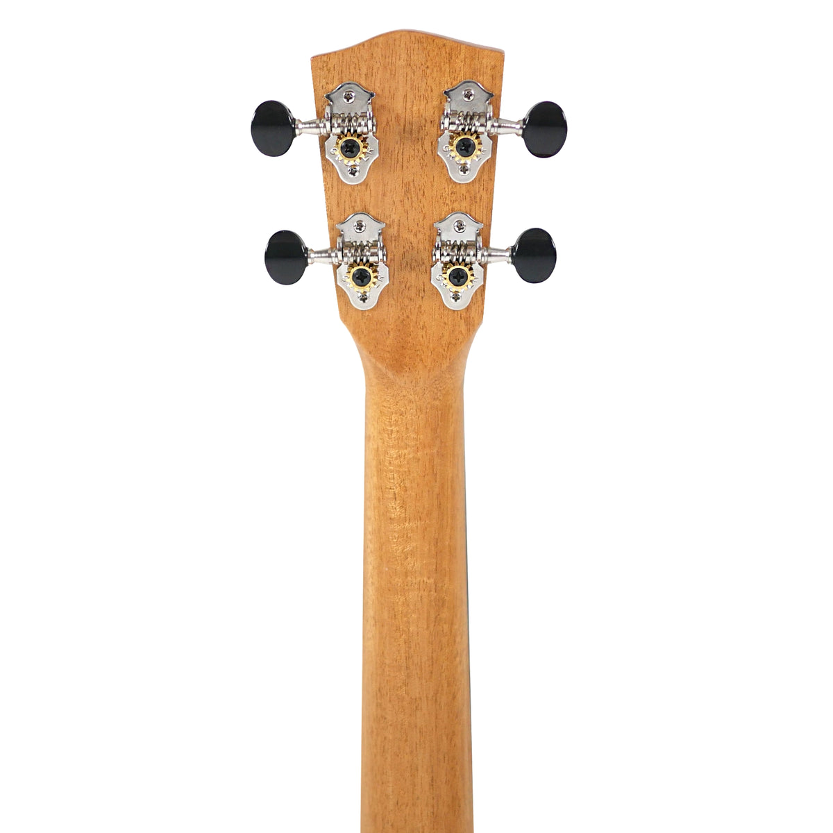The rear headstock and neck view shows the mahogany neck and chrome Grover tuners of the Pono MGTP Tenor Ukulele.