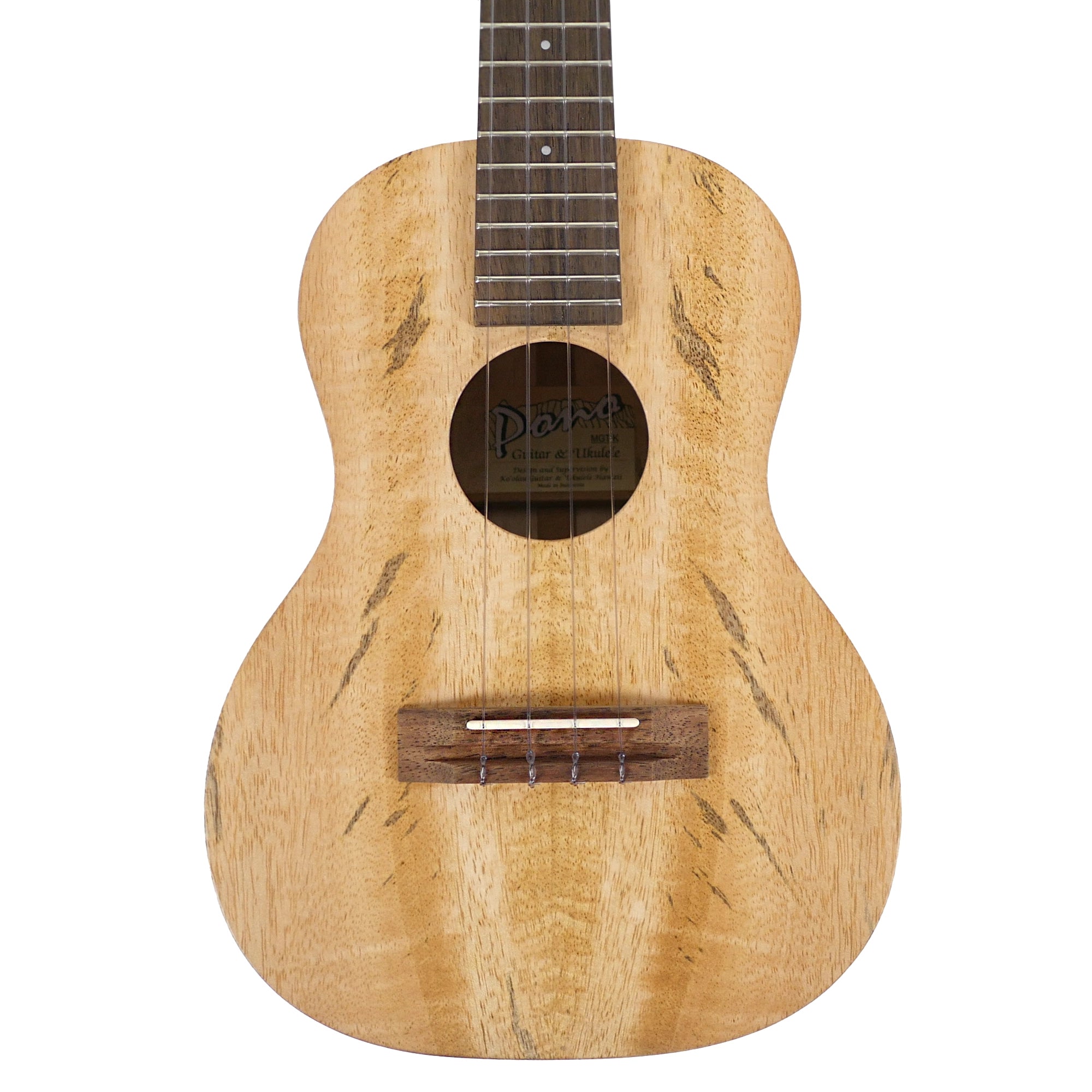 A PONO MGT-K tenor ukulele features a solid mango body with a satin finish, mahogany neck, and merbau fretboard and bridge.