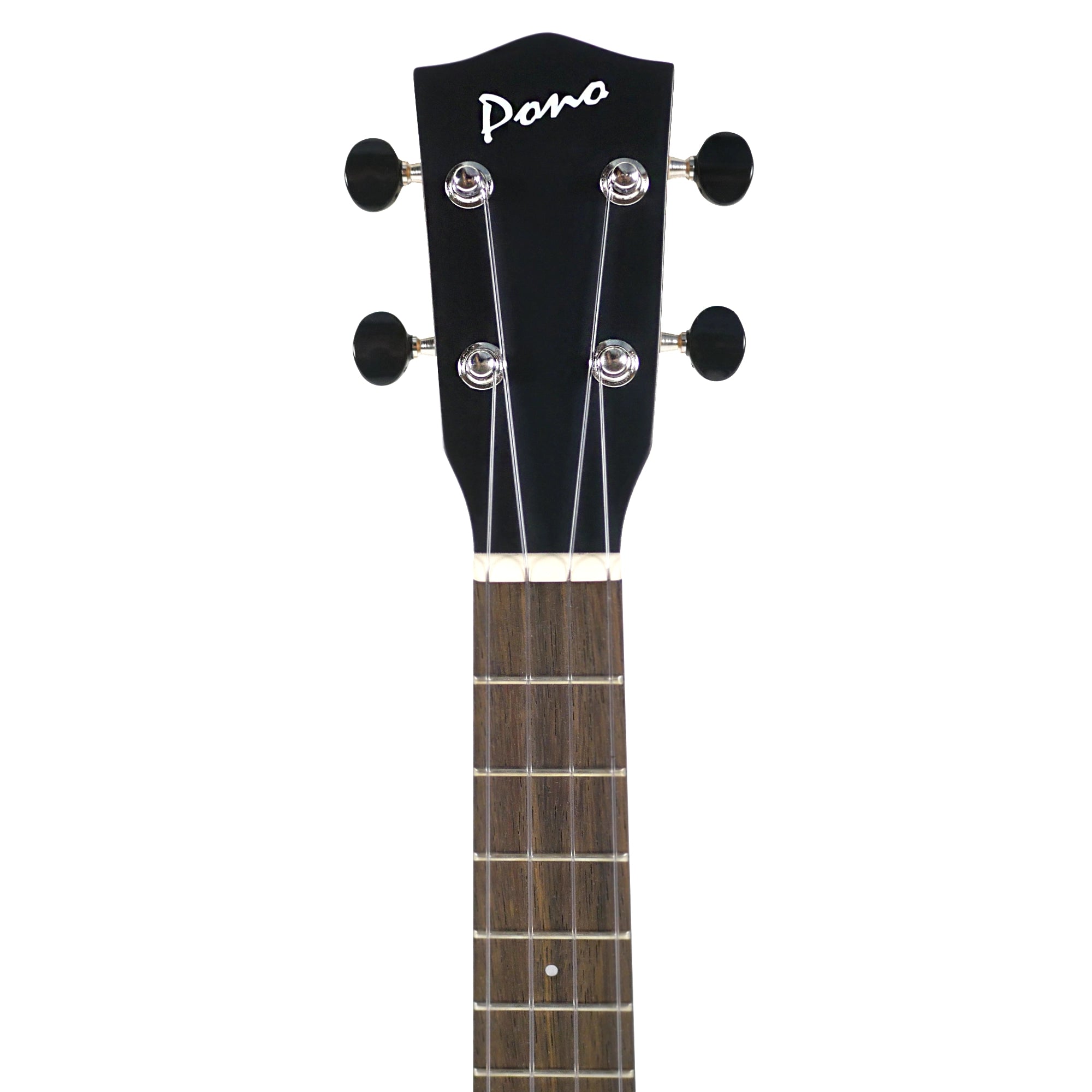 Close-up of the PONO MGT-K headstock showing the logo, TUSQ nut, and chrome Grover tuners.