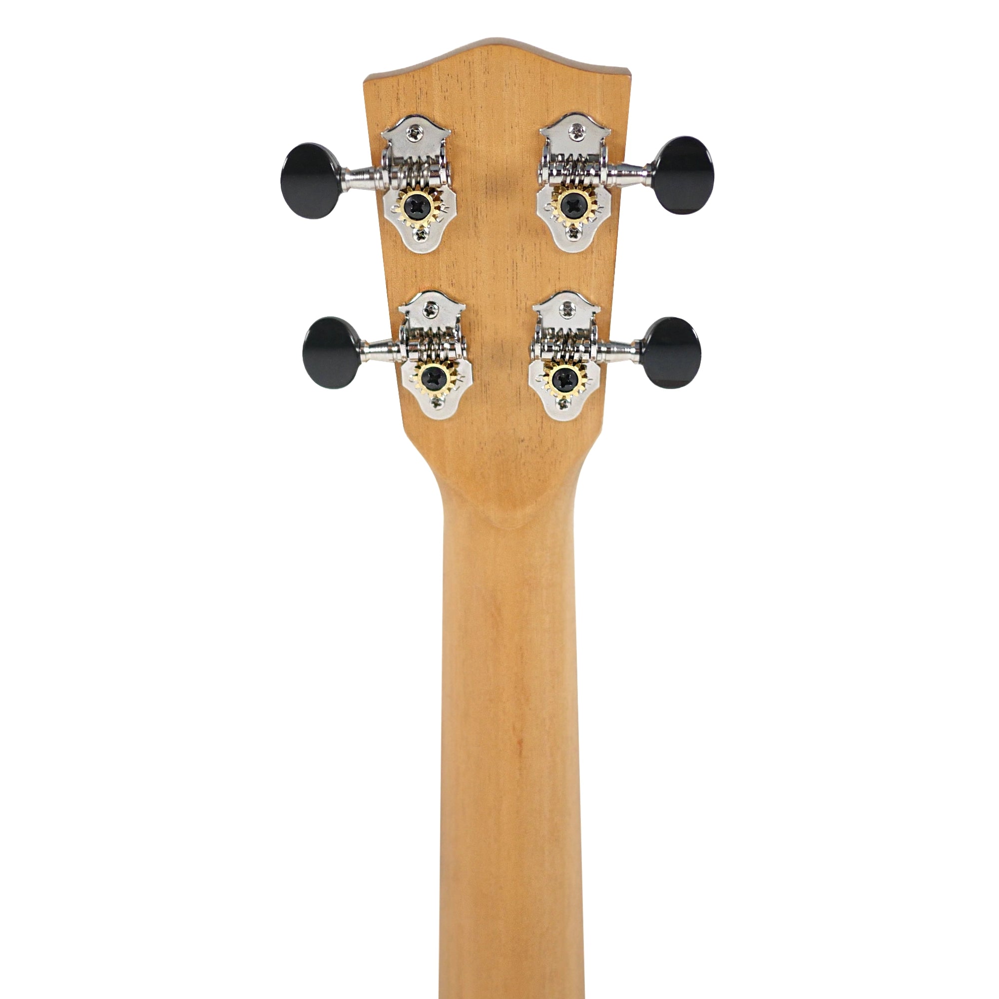 Rear close-up of the PONO MGT-K headstock and mahogany neck with chrome Grover tuning machines.