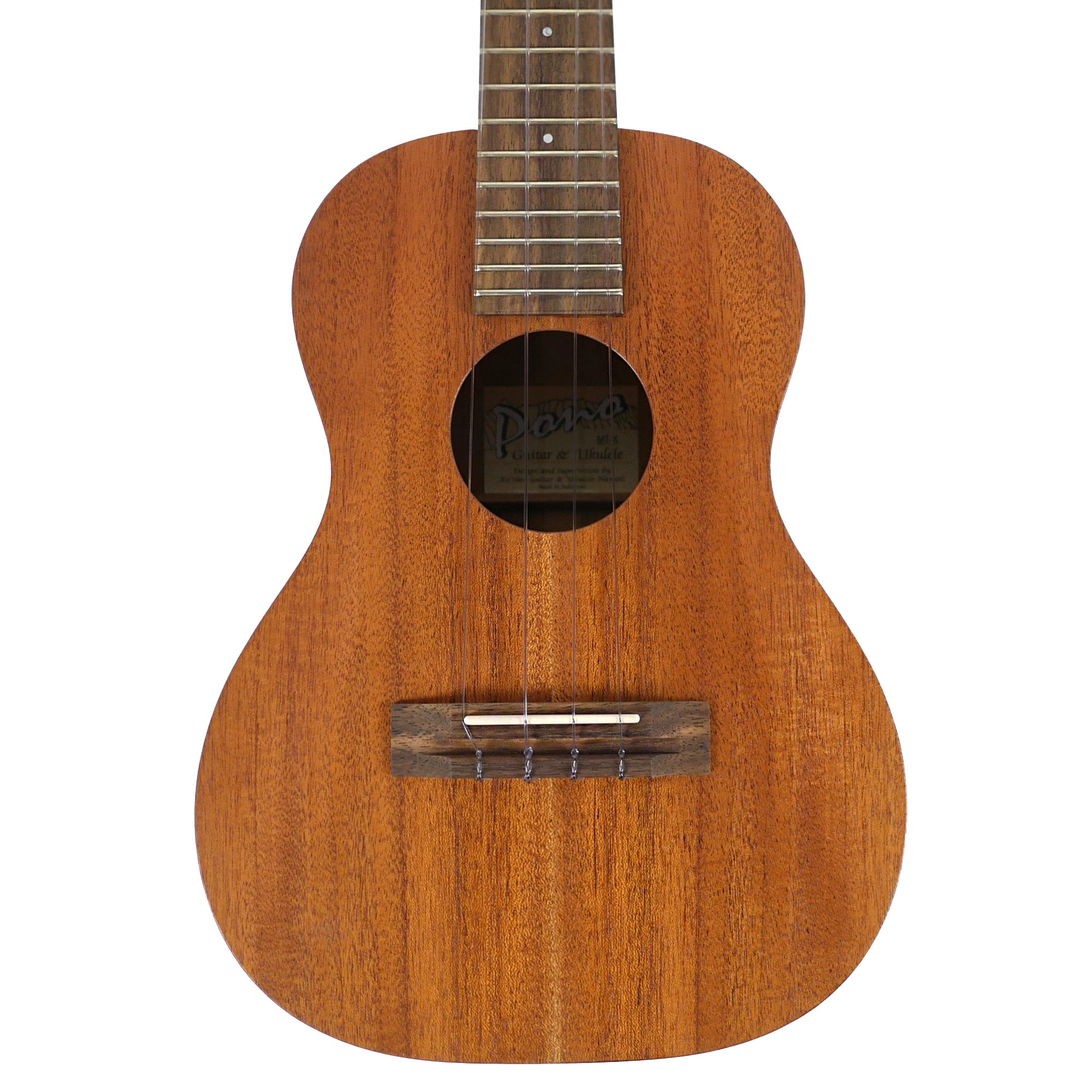 Close-up front view of the PONO MT-K highlighting its solid mahogany top, merbau bridge, and satin lacquer finish.