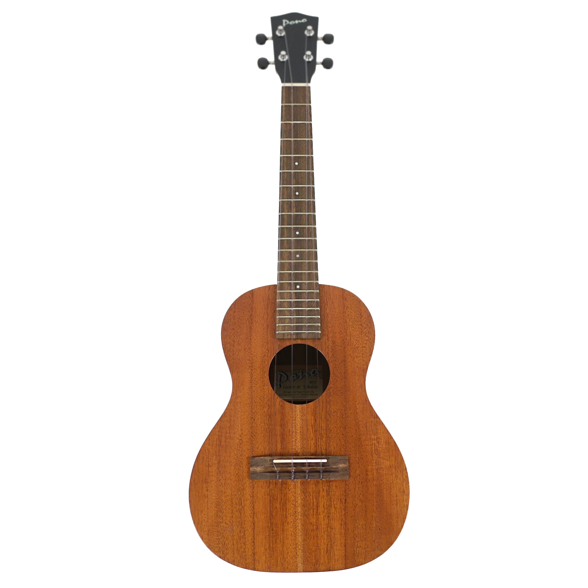 Full front view of the PONO MT-K tenor ukulele showcasing its solid mahogany body, Honduran mahogany neck, and merbau fretboard.