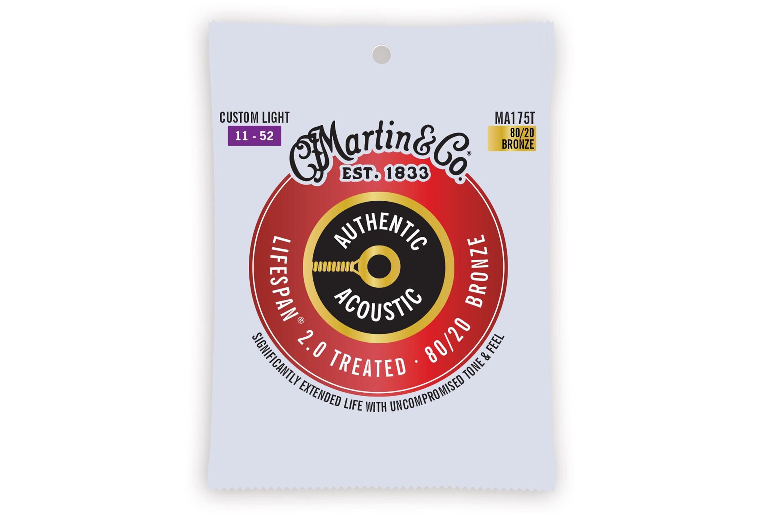 Martin MA140T Authentic Acoustic Lifespan 2.0 Treated 80/20 Bronze Guitar Strings - .012-.054 Light