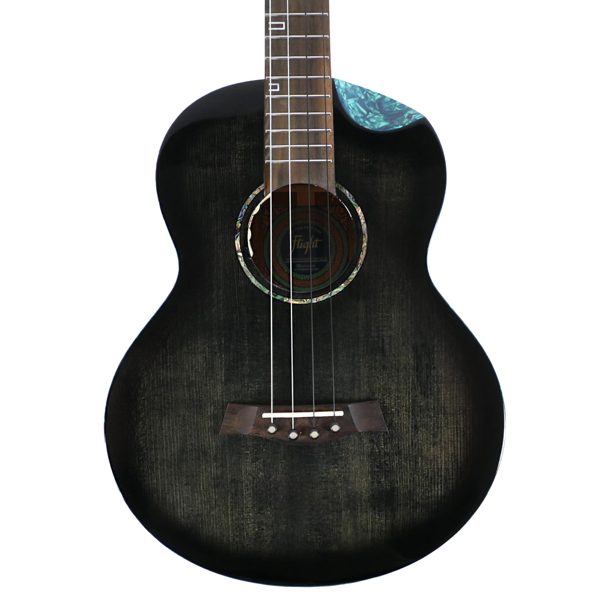 The close-up highlights the solid spruce top, white shell rosette, and blue pearloid cutaway of the Flight Nighthawk Baritone.