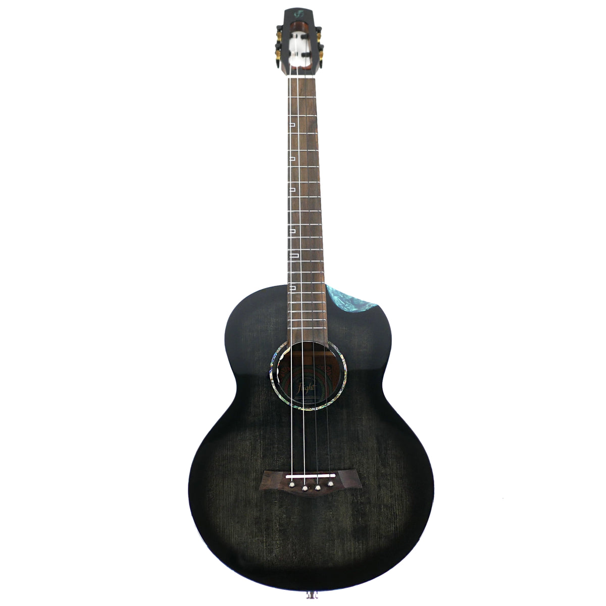 The full front view showcases the black gloss finish and offset square fret markers of the Flight Nighthawk Baritone.