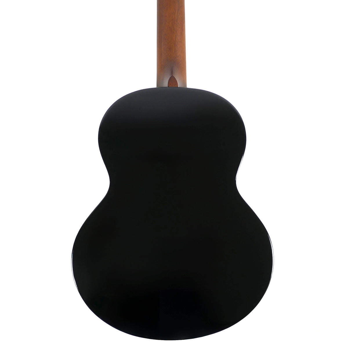 The rear view showcases the solid mahogany back and African mahogany neck of the Flight Nighthawk Baritone.