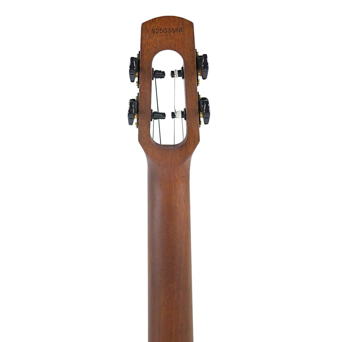 The rear headstock view highlights the slotted construction and African mahogany neck of the Flight Nighthawk Baritone.