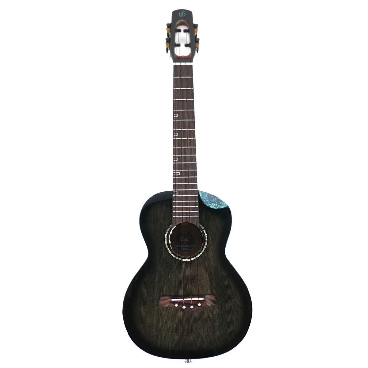 The full front view showcases the Moonburst gloss finish and rosewood fretboard of the Flight Nighthawk Tenor.
