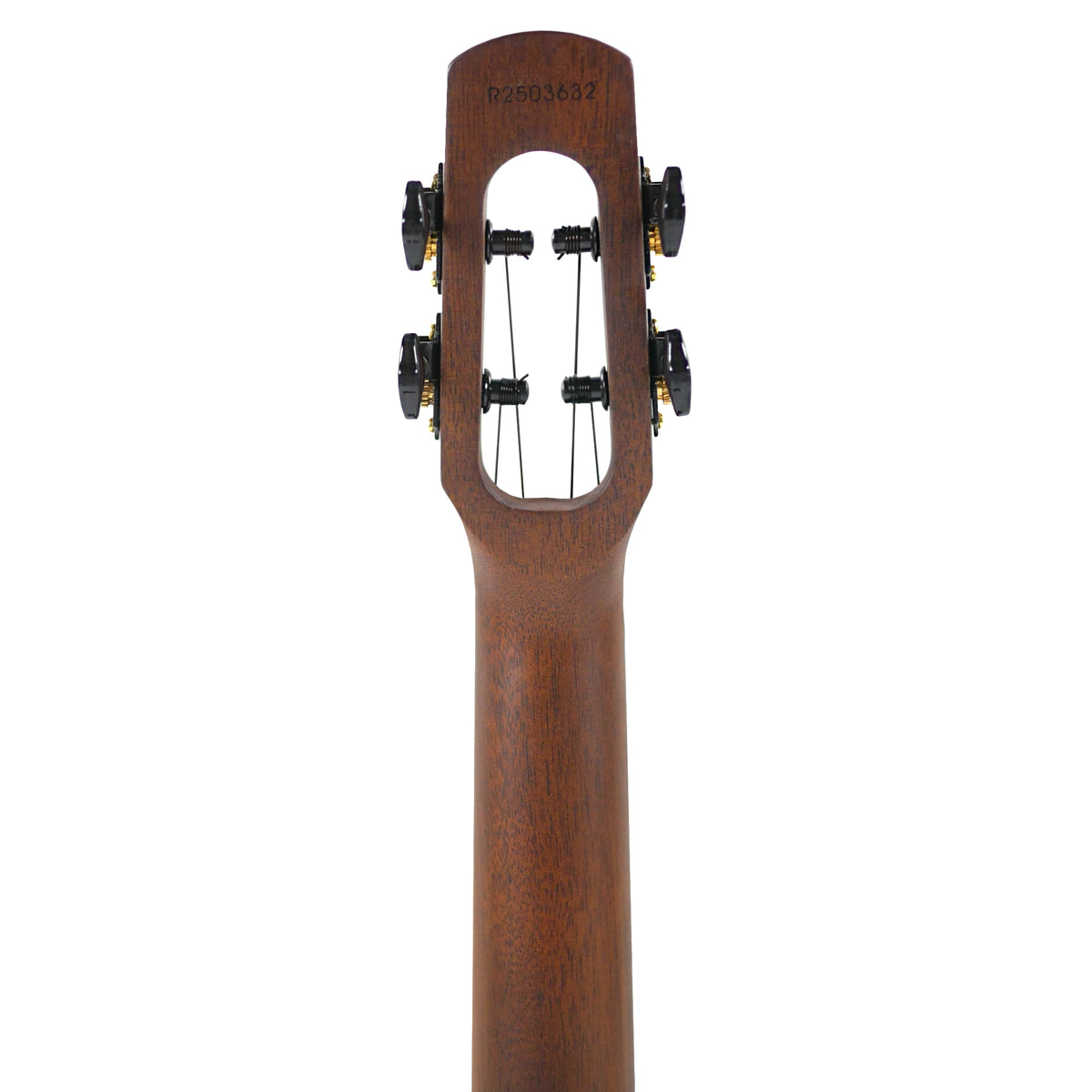 The rear headstock view highlights the natural wood grain and tuning hardware of the Flight Nighthawk Tenor.
