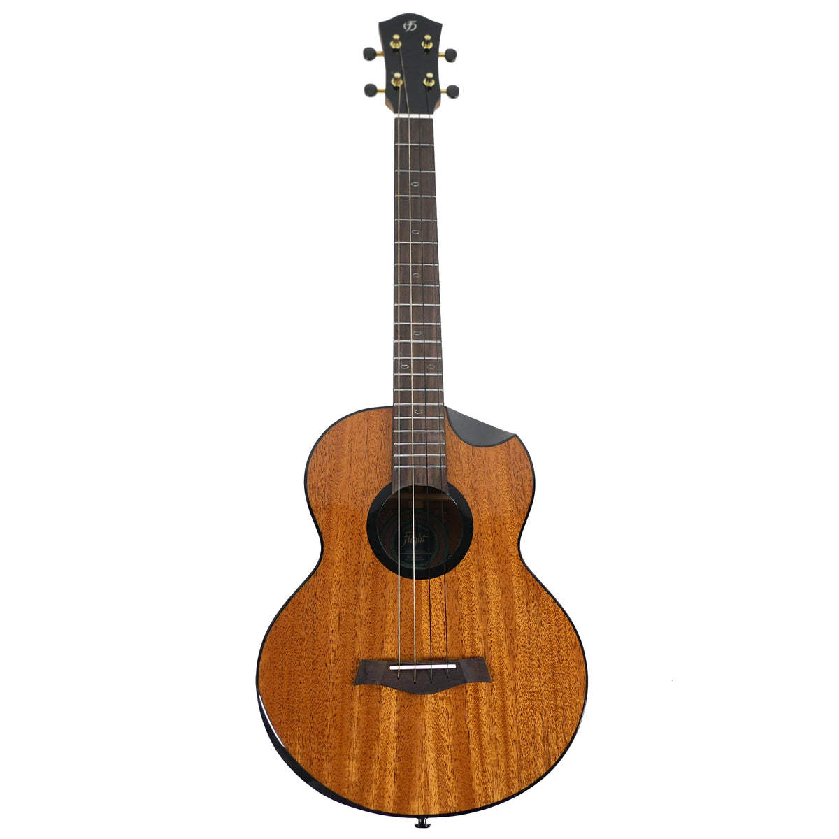 The full front view showcases the gloss solid mahogany body and rosewood fretboard of the Flight Nomad Baritone.