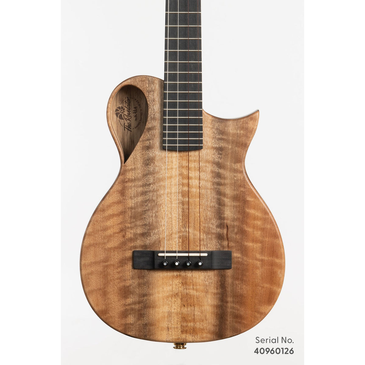 Kala NS-MYR-T Revelator Nautilus Myrtle tenor, serial 40960126, front view showing the figured myrtle top and cutaway