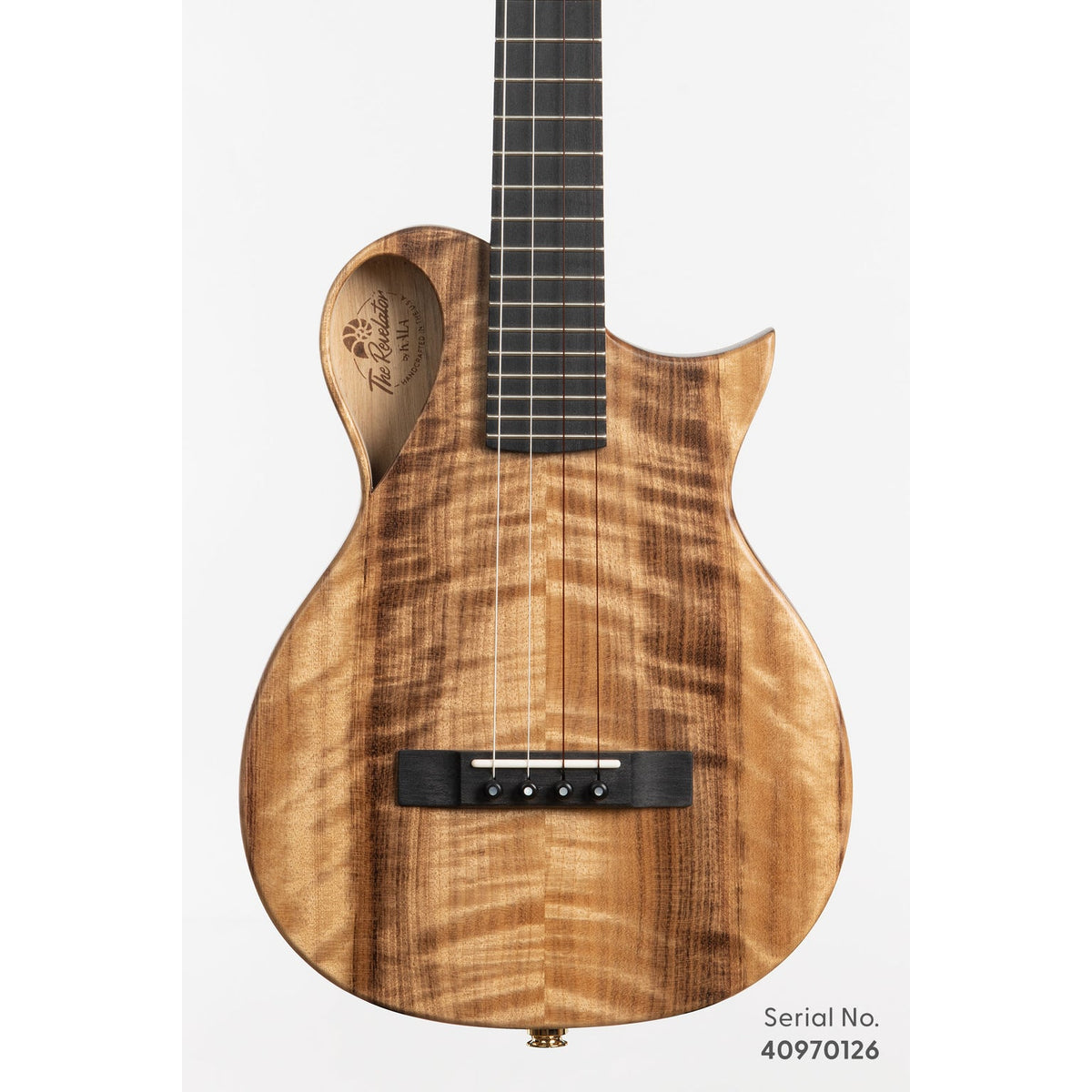 Kala NS-MYR-T Revelator Nautilus Myrtle tenor, serial 40970126, front view showing the figured myrtle top and cutaway