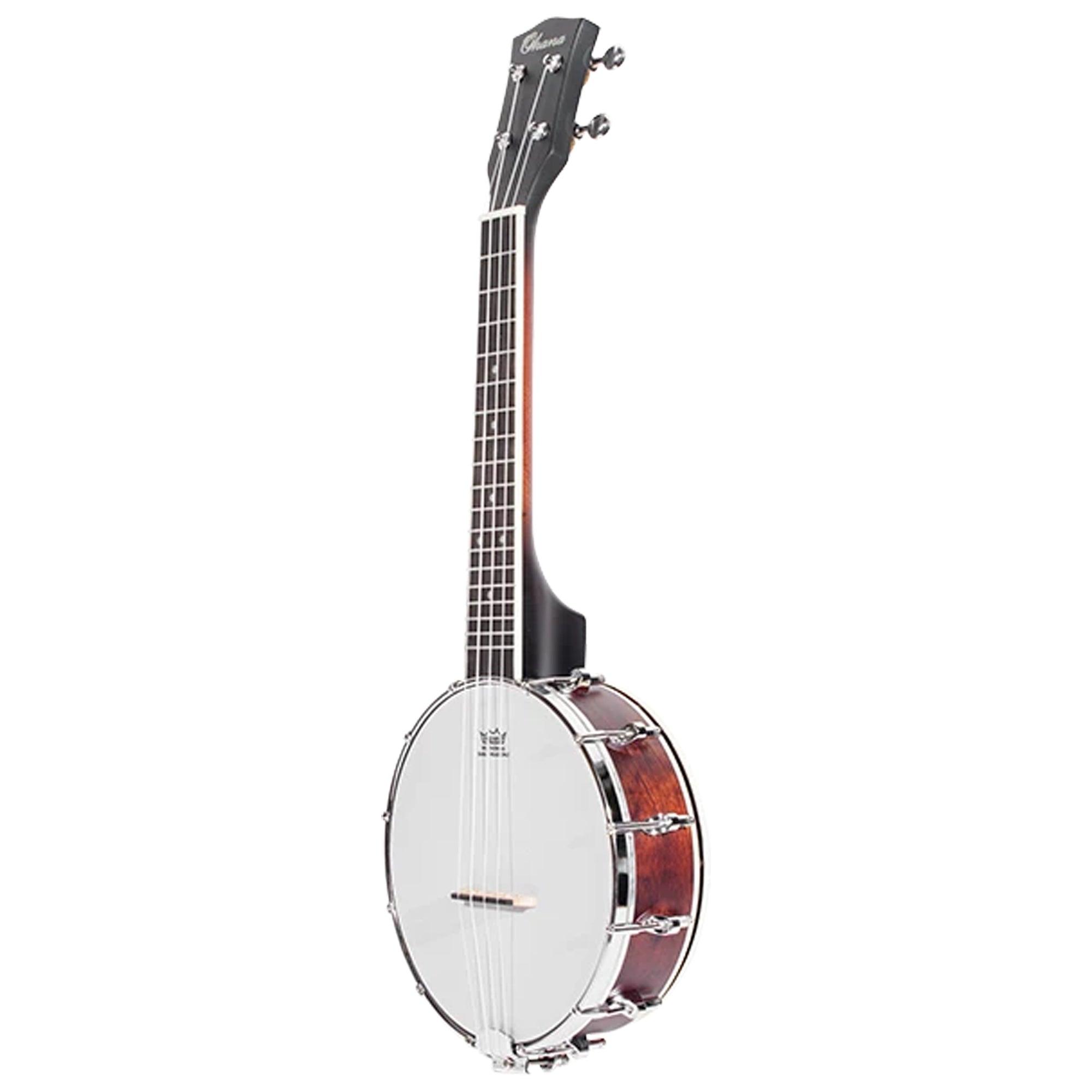 A Ohana CK-120BUC with a reddish-brown wooden body, black neck, and silver metal hardware, shown against a plain white background.