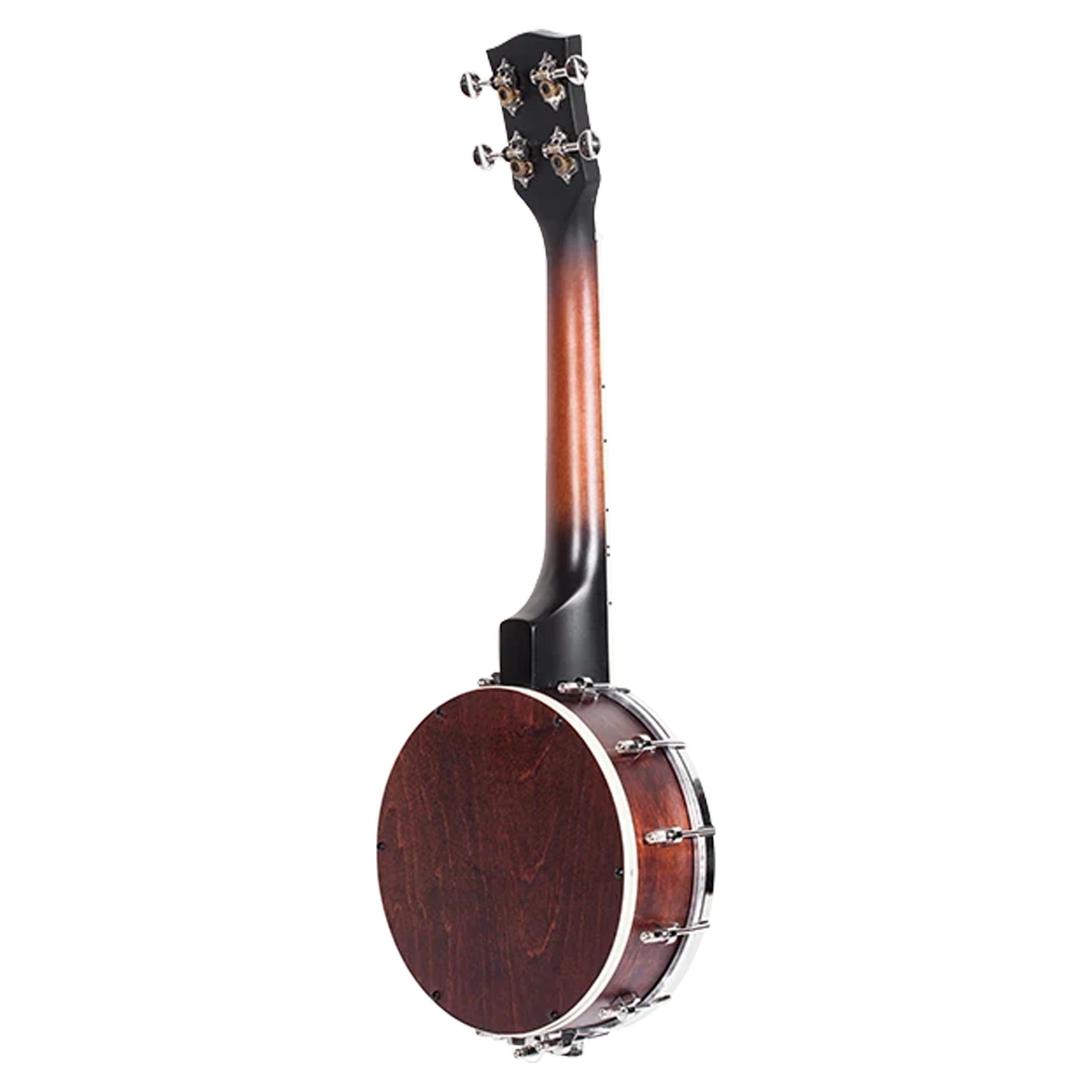 A wooden Ohana CK-120BUC shown from the back, featuring a dark reddish-brown body, a black neck with a warm brown gradient, and silver metal tuning hardware, isolated on a white background.