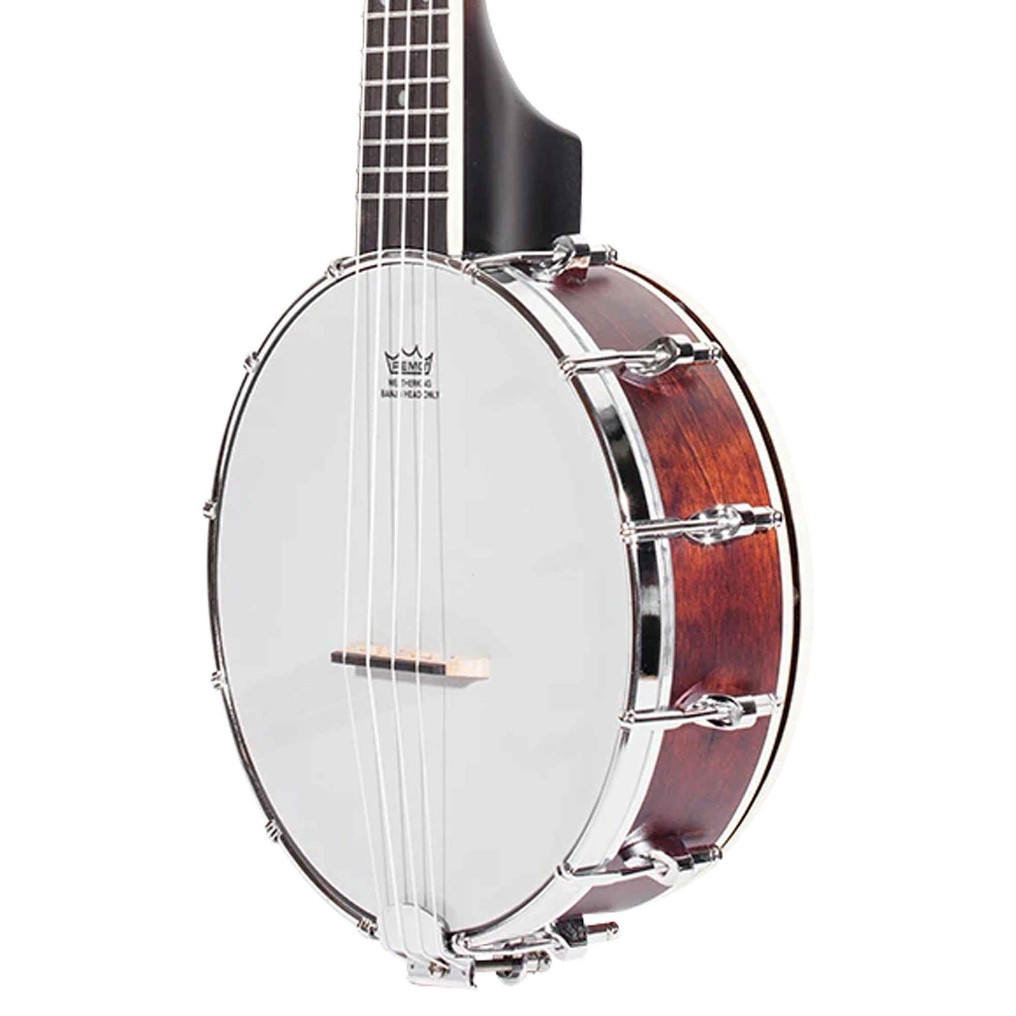A close-up side view of a Ohana CK-120BUC showing the white drumhead, silver metal rims and tension rods, a reddish-brown wooden body, and part of the black neck against a white background.