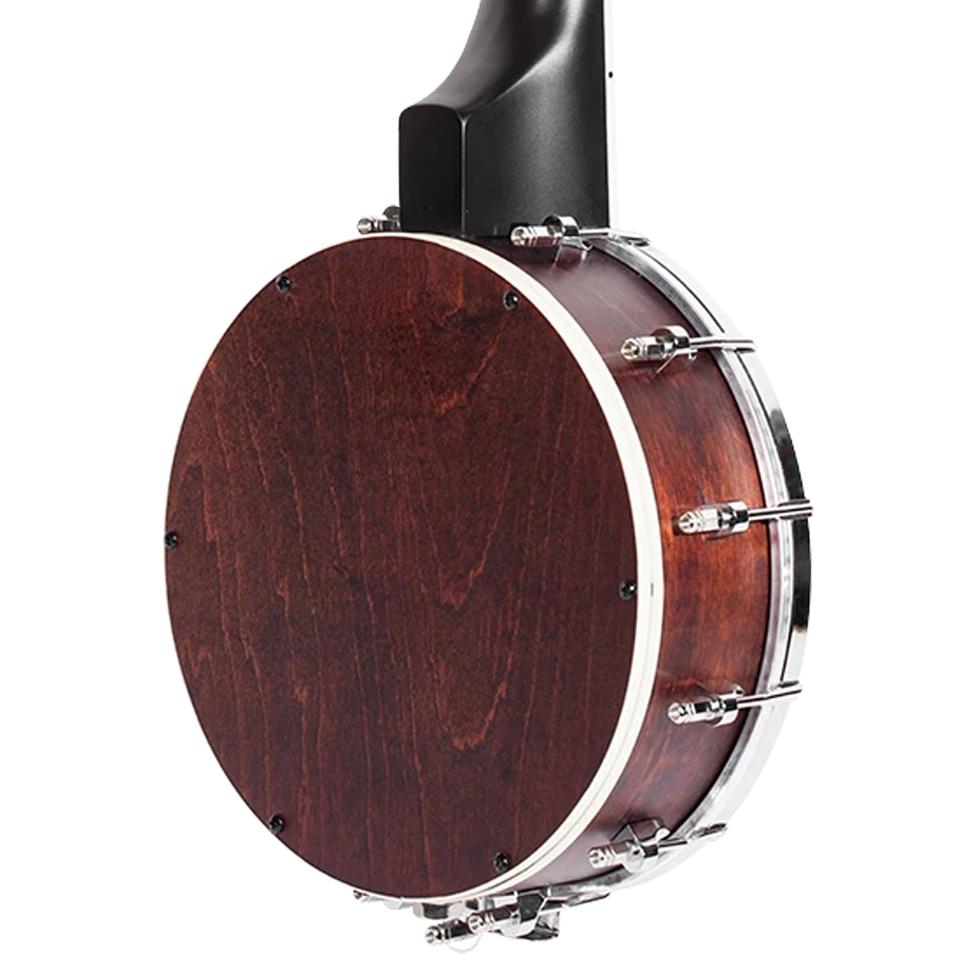 Close-up rear view of a Ohana CK-120BUC with a dark reddish-brown wooden body, silver metal rims, and a black neck on a white background.