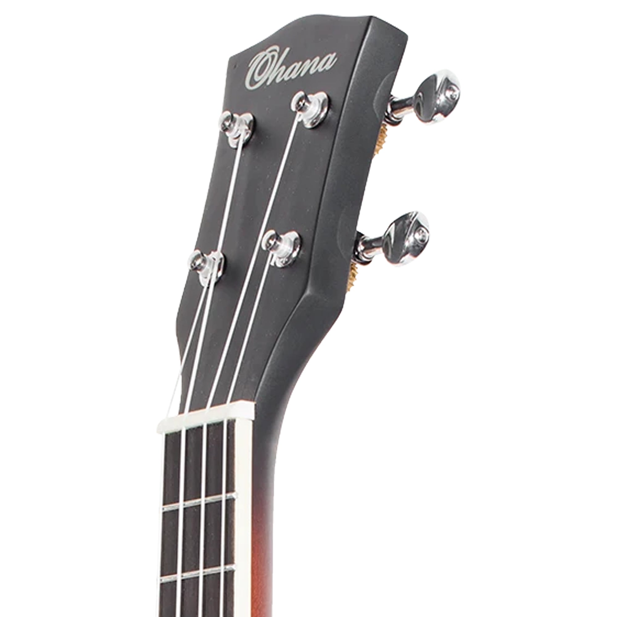 Close-up of the headstock of an Ohana ukulele, showing the black wood headstock, silver tuning pegs, and four strings against a white background.