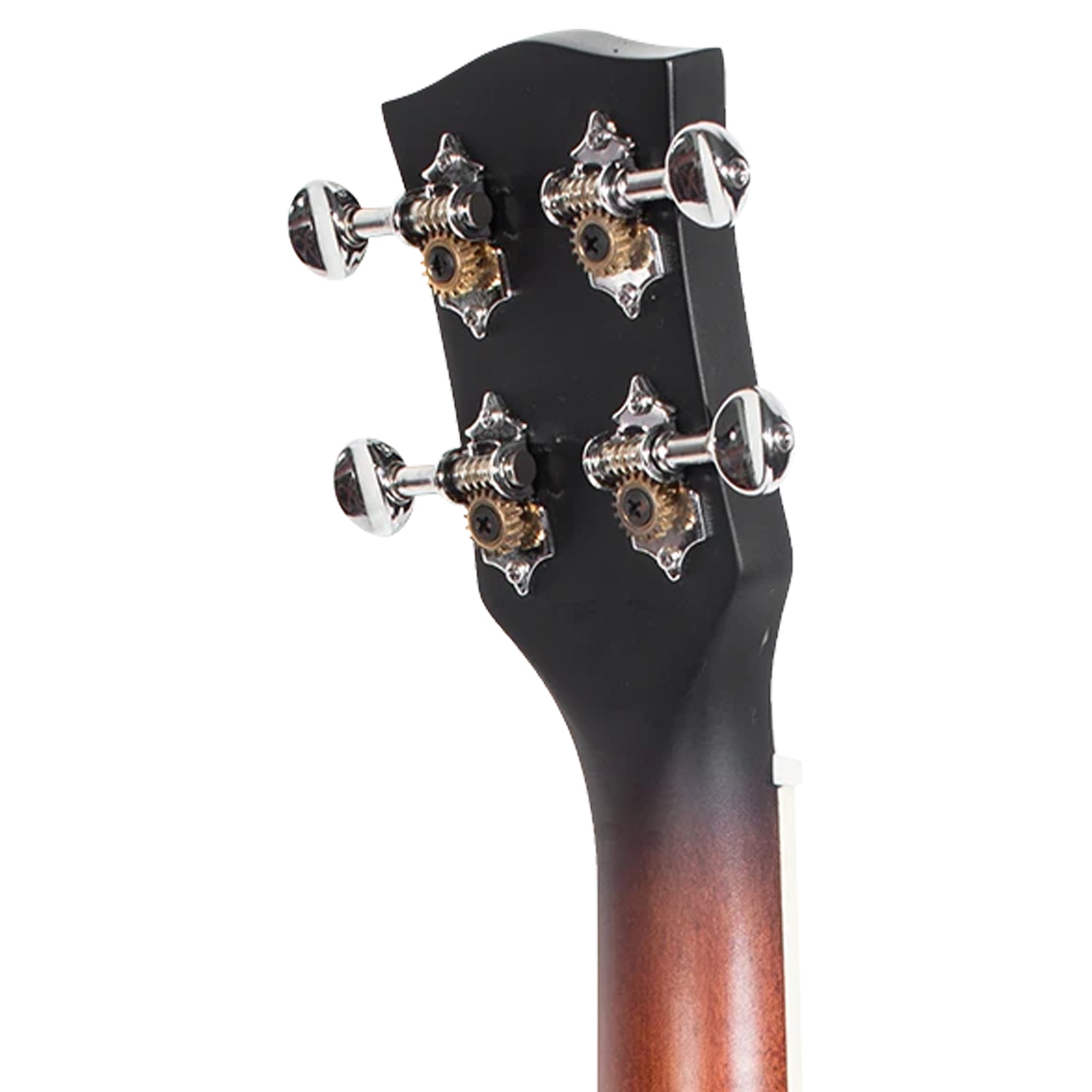 Close-up of the headstock of a ukulele, showing four black tuning pegs with silver metal components and a dark-to-brown wood neck against a white background.