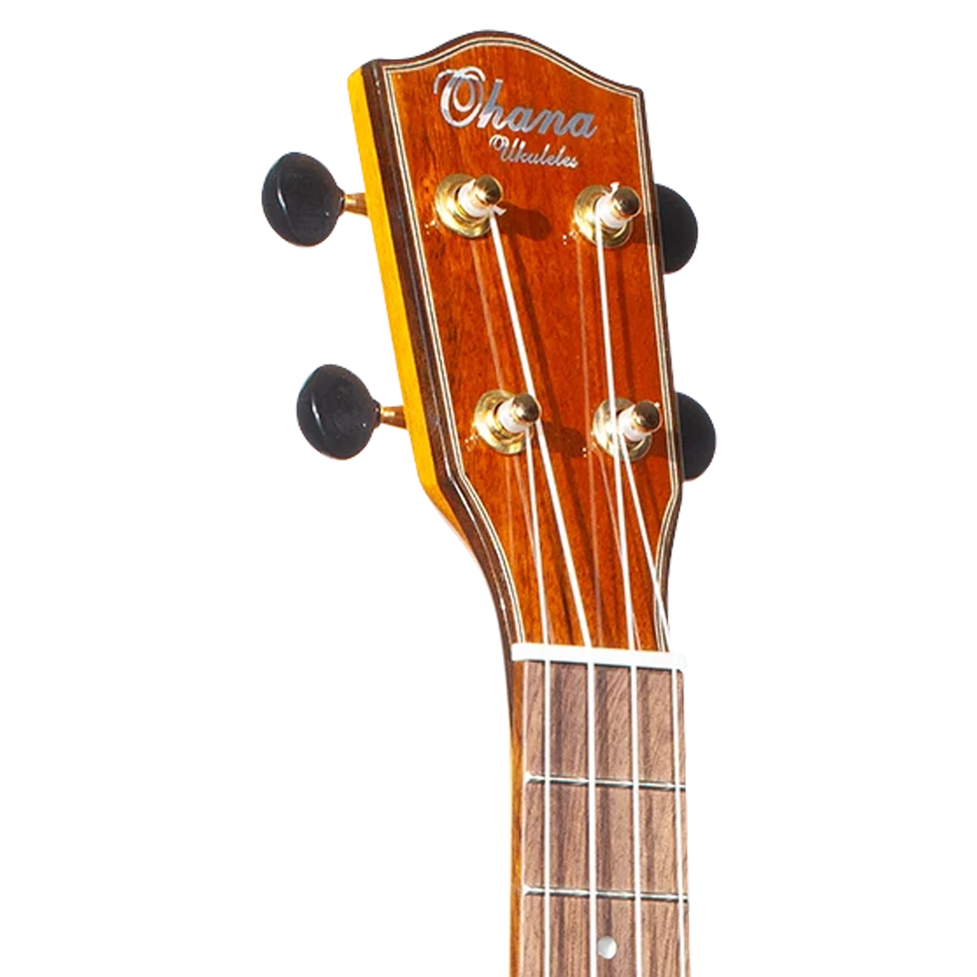 Close-up of the headstock of an Ohana Ukulele, showing the brand name 'Ohana Ukulele' in white script on a warm brown wooden headstock with gold tuning pegs and black tuning keys, set against a plain white background.