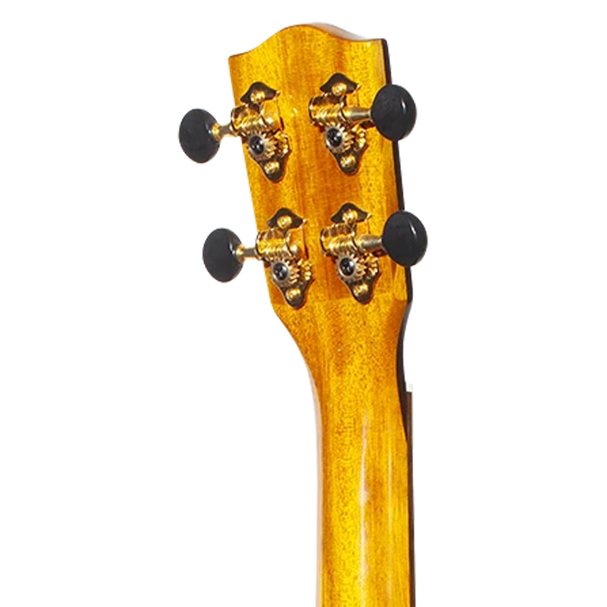 Close-up of the headstock of a wooden stringed instrument, showing four gold-toned tuning pegs with black knobs on a plain white background.