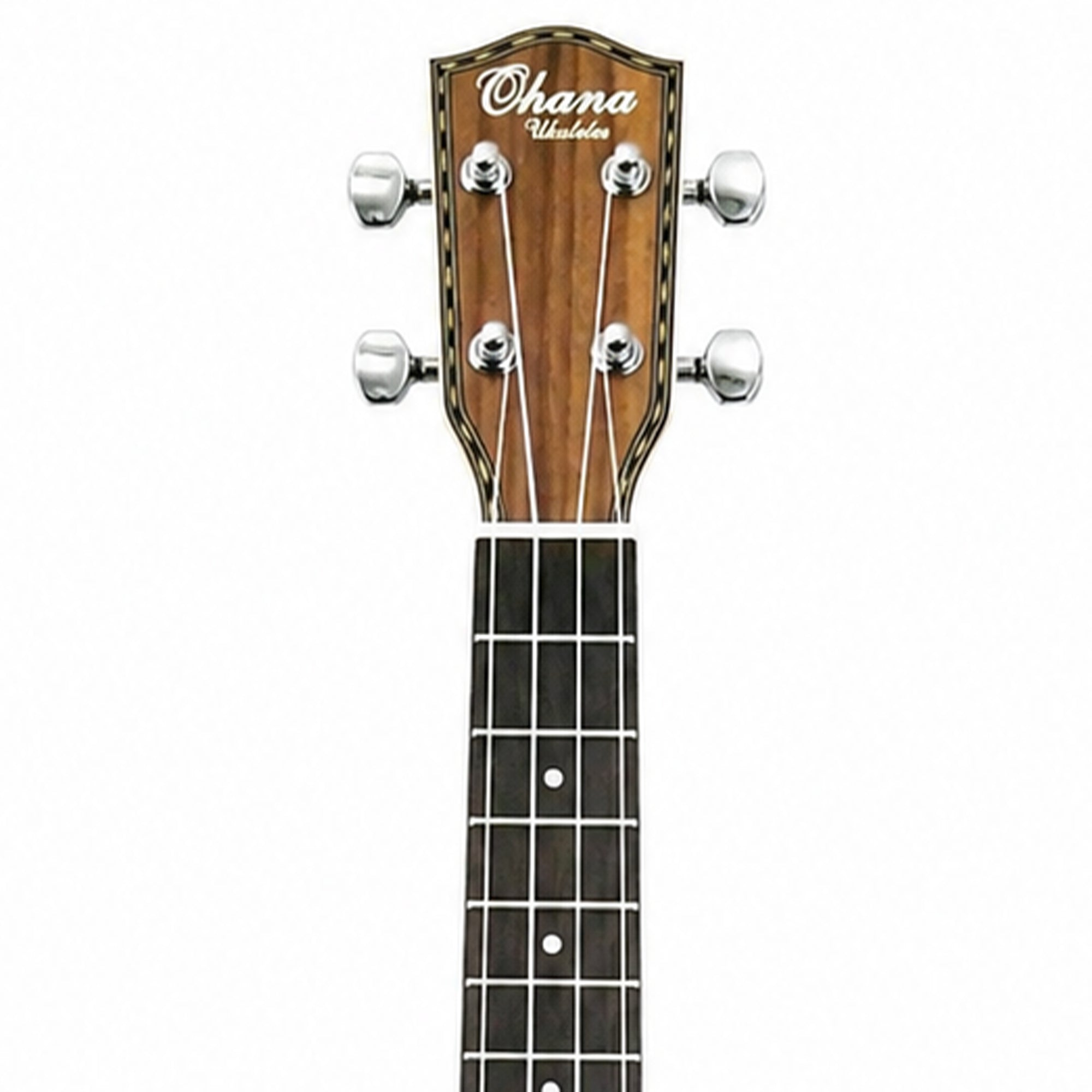 Close-up of the headstock and upper fretboard of an Ohana Ukulele, showing a natural wood headstock with silver tuning keys and a dark fretboard on a white background.