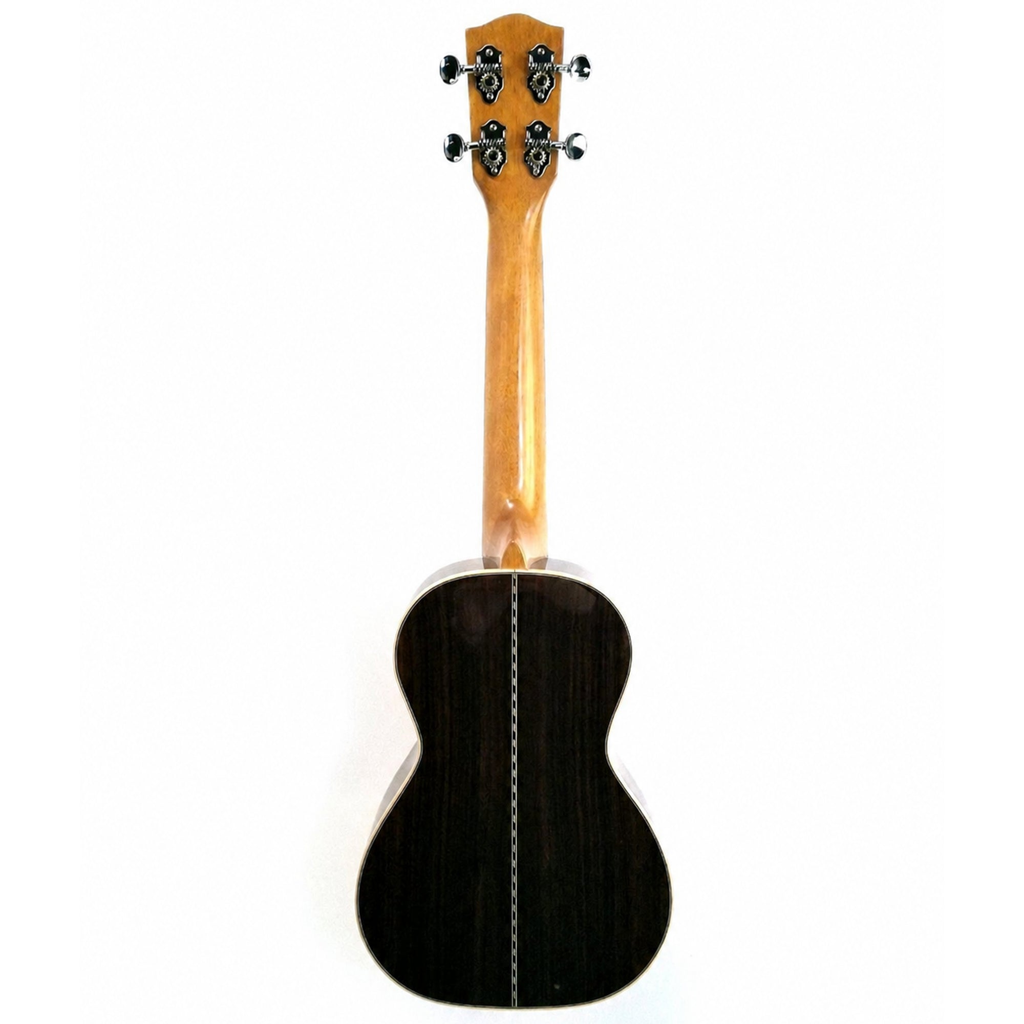 The back view of a Ohana CK-42 with a glossy black backplate, a natural light wood neck, and black tuning pegs, shown against a plain white background.