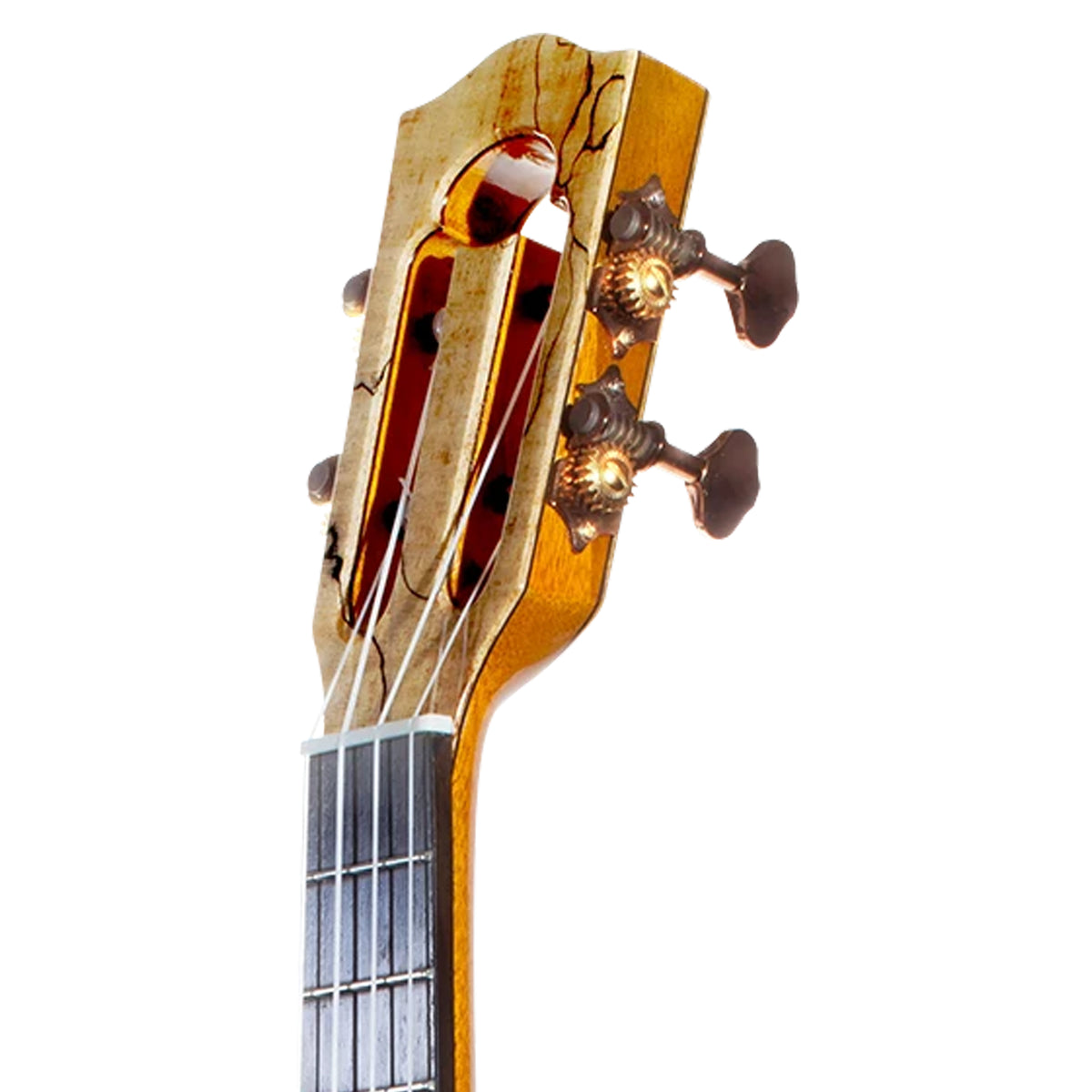 A small acoustic uke with a natural flame maple top and a dark brown neck, shown against a plain white background.