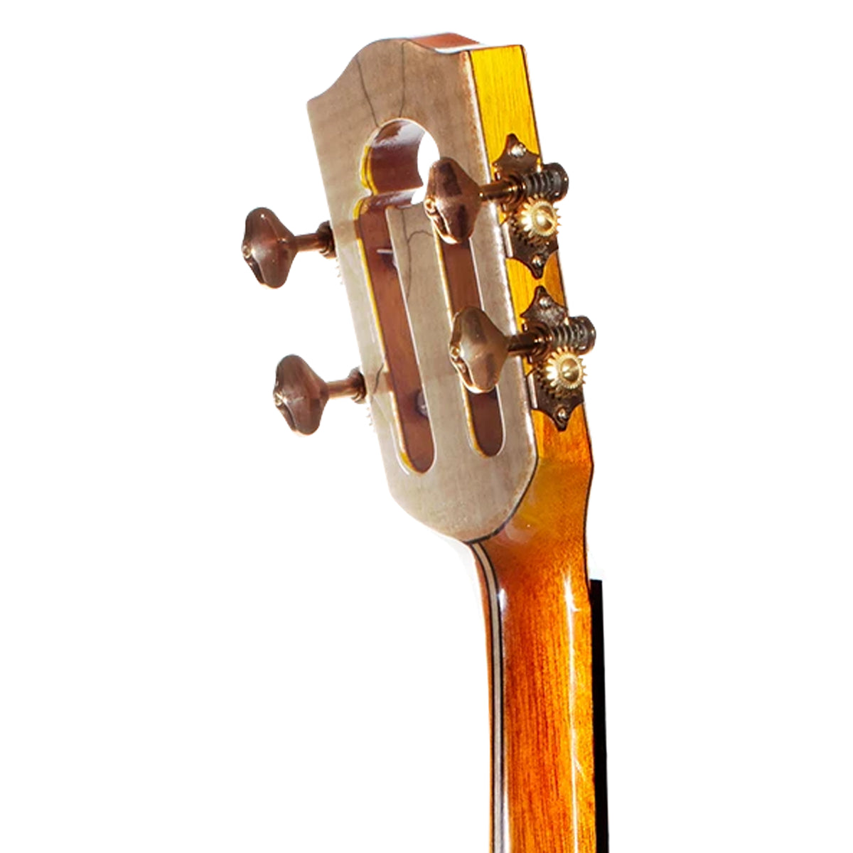 A close-up of a wooden instrument body and neck, likely a ukulele, shown from the back against a plain white background. The wood has a warm honey-orange finish with prominent natural grain patterns.